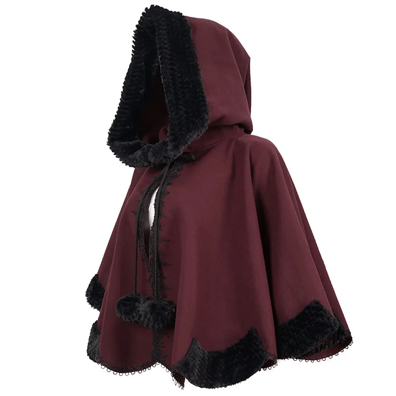 CA02802 wine double sided woolen contrast color shawl with fur