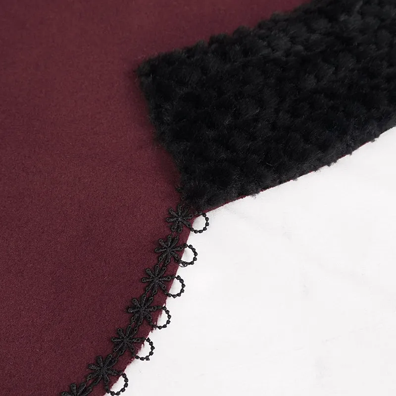 CA02802 wine double sided woolen contrast color shawl with fur