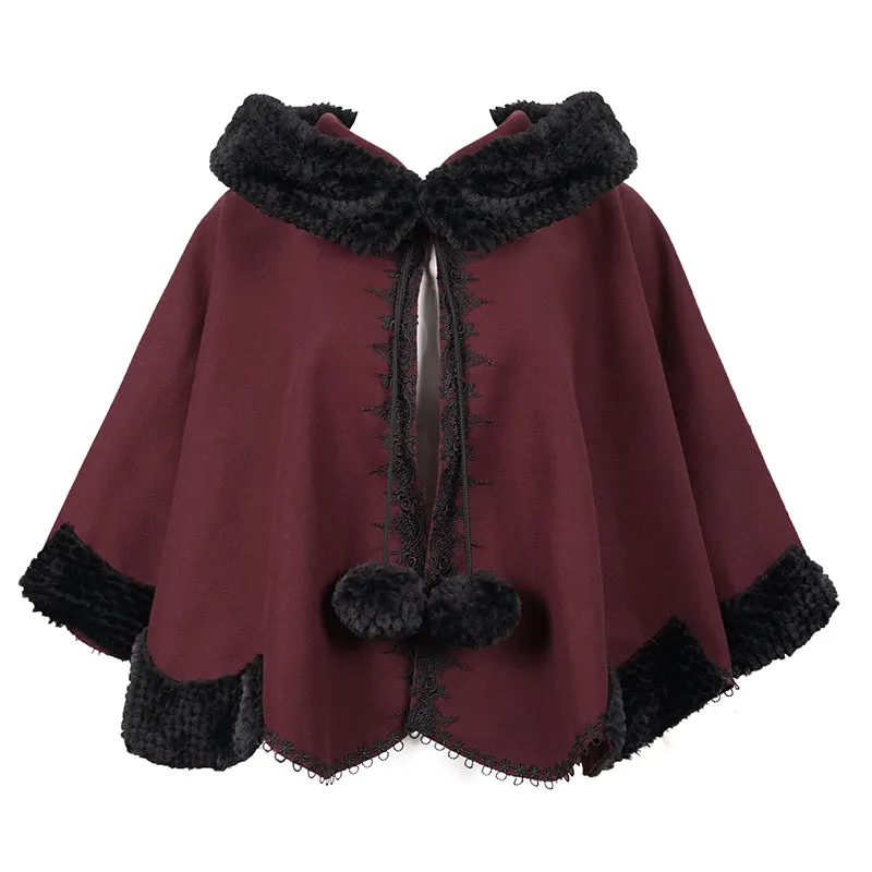 CA02802 wine double sided woolen contrast color shawl with fur