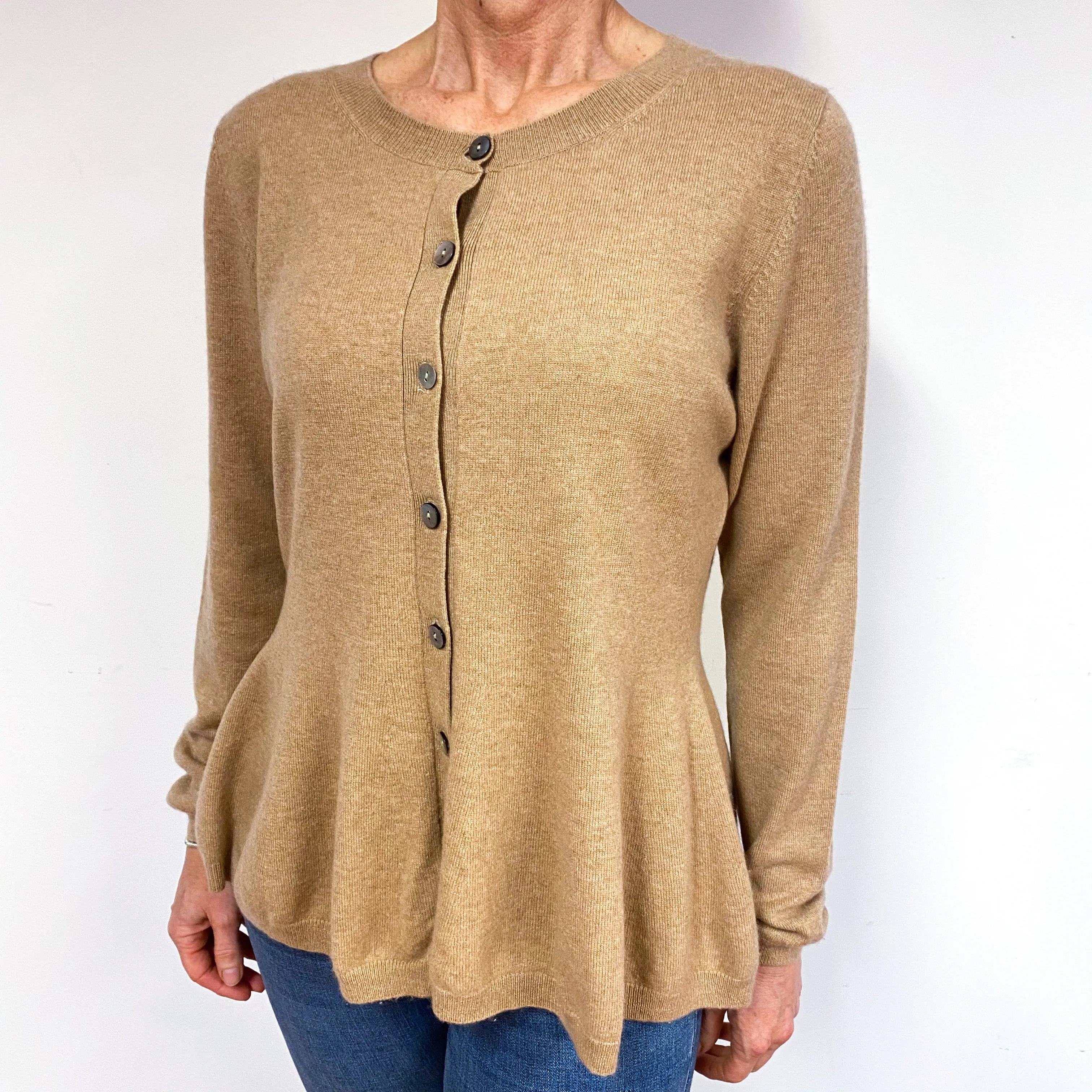 Camel Brown Peplum Cashmere Crew Neck Cardigan Medium