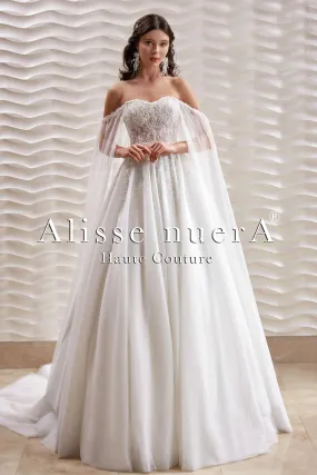Cape Detailed Pearl Embroidered Empire Waist Wedding Dress