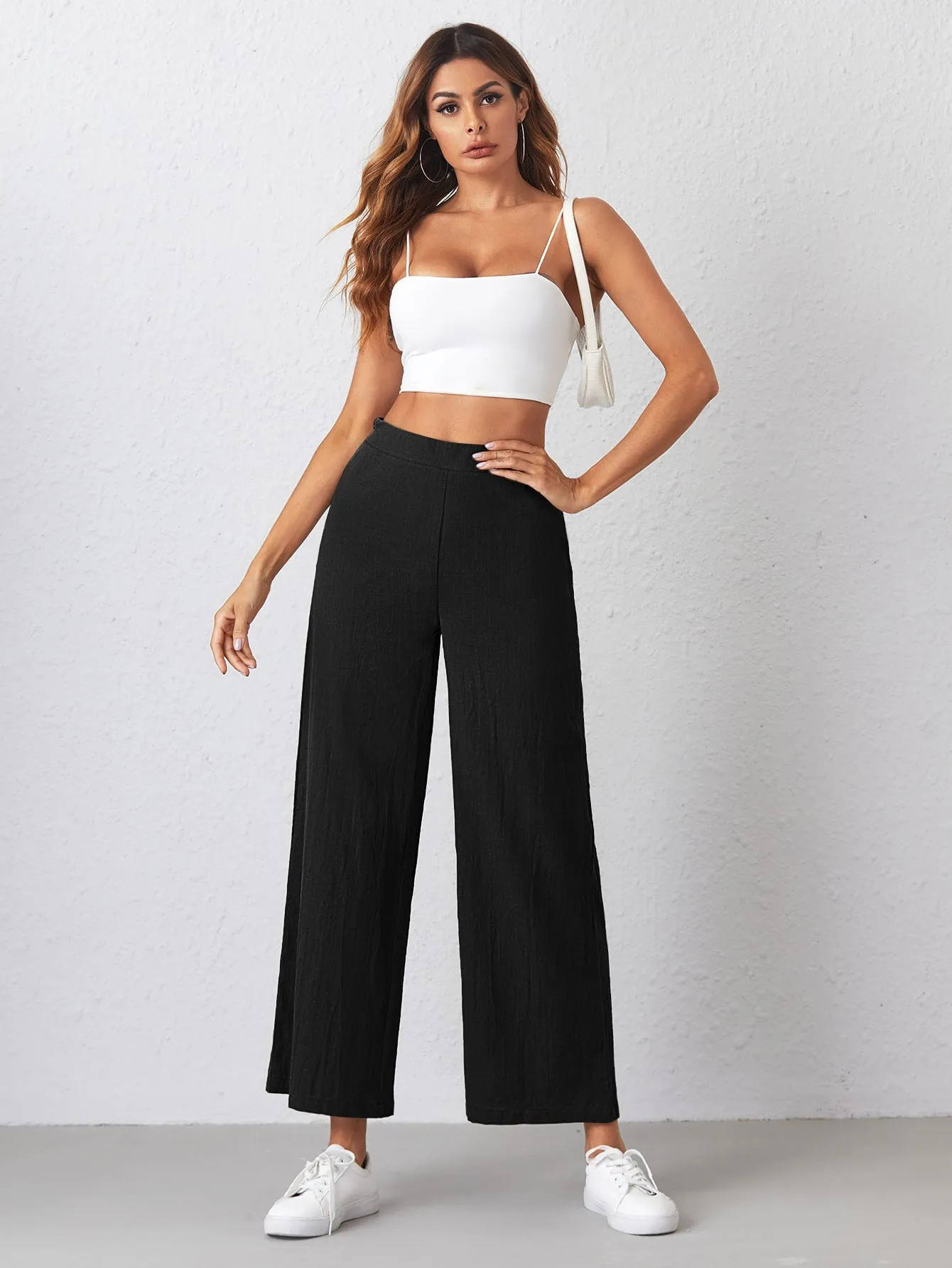 Casual Plain Zipper High Waist Cropped Women Pants