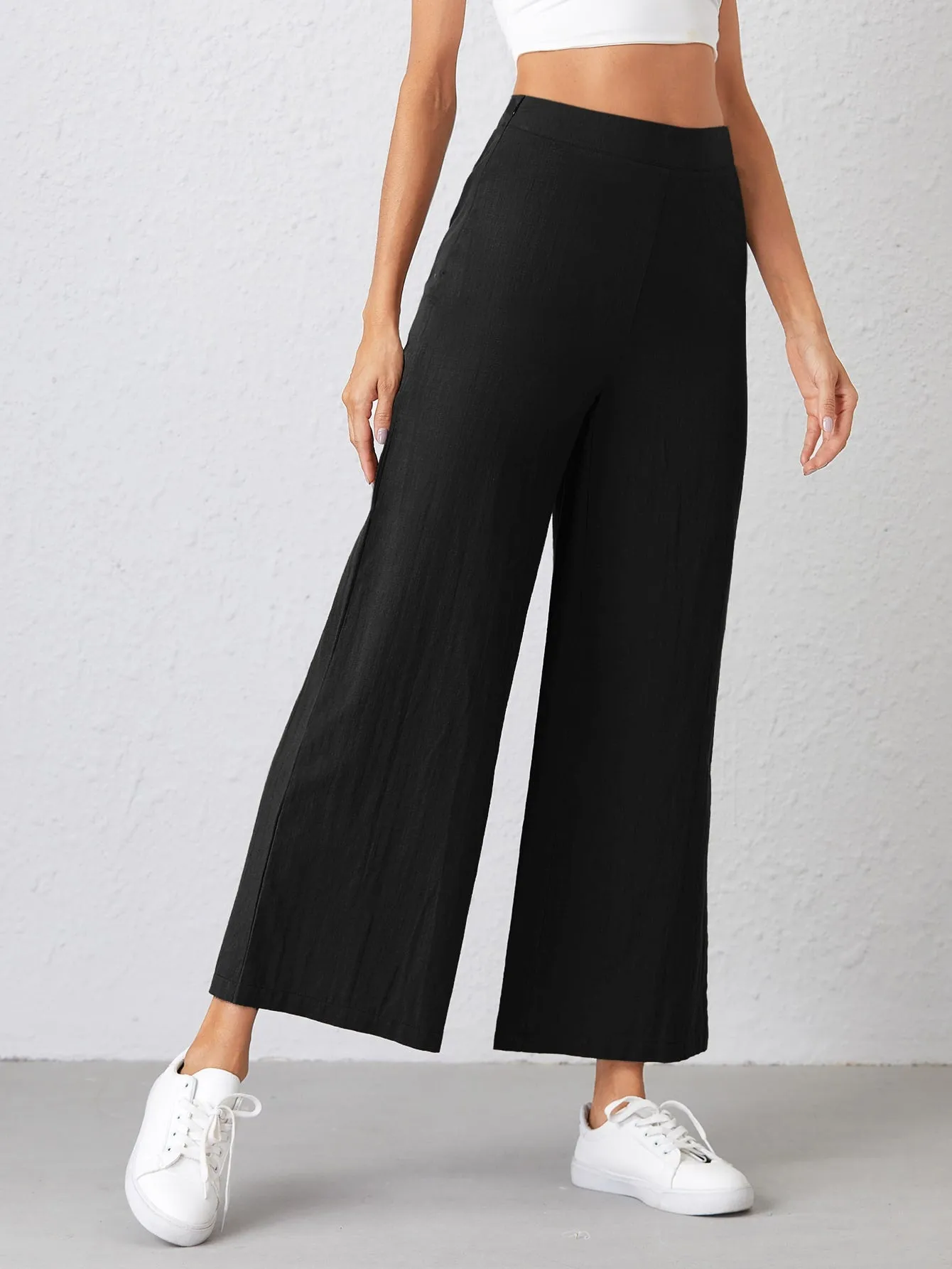 Casual Plain Zipper High Waist Cropped Women Pants
