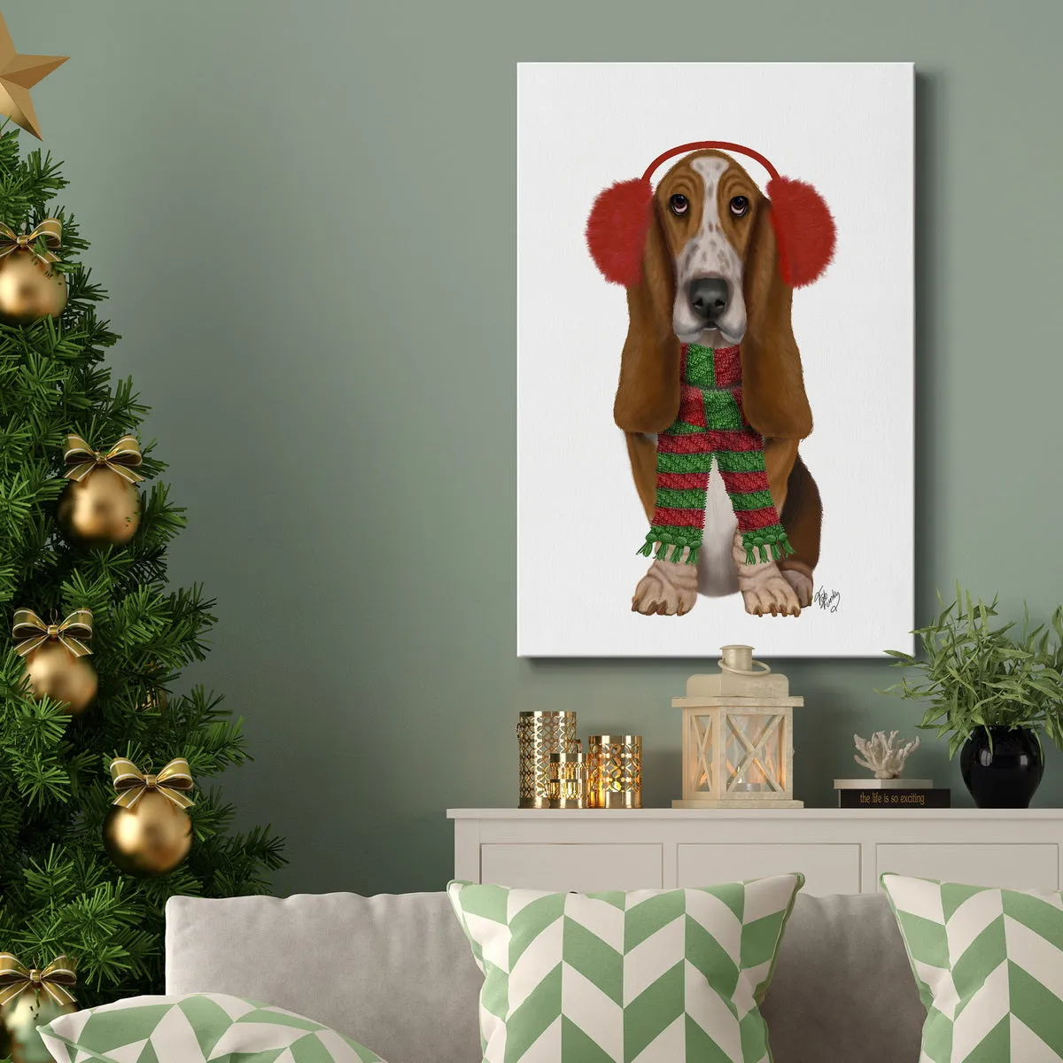 Christmas Des - Basset Hound and Ear Muffs Premium Gallery Wrapped Canvas - Ready to Hang