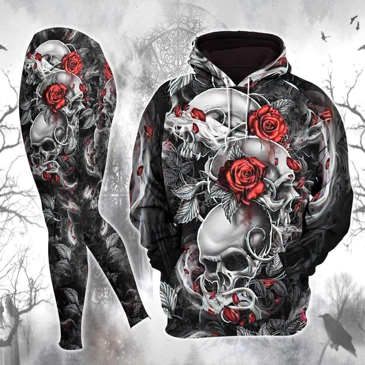 Cool Gothic Skull Rose Ornament Artwork Combo Hoodie and Leggings