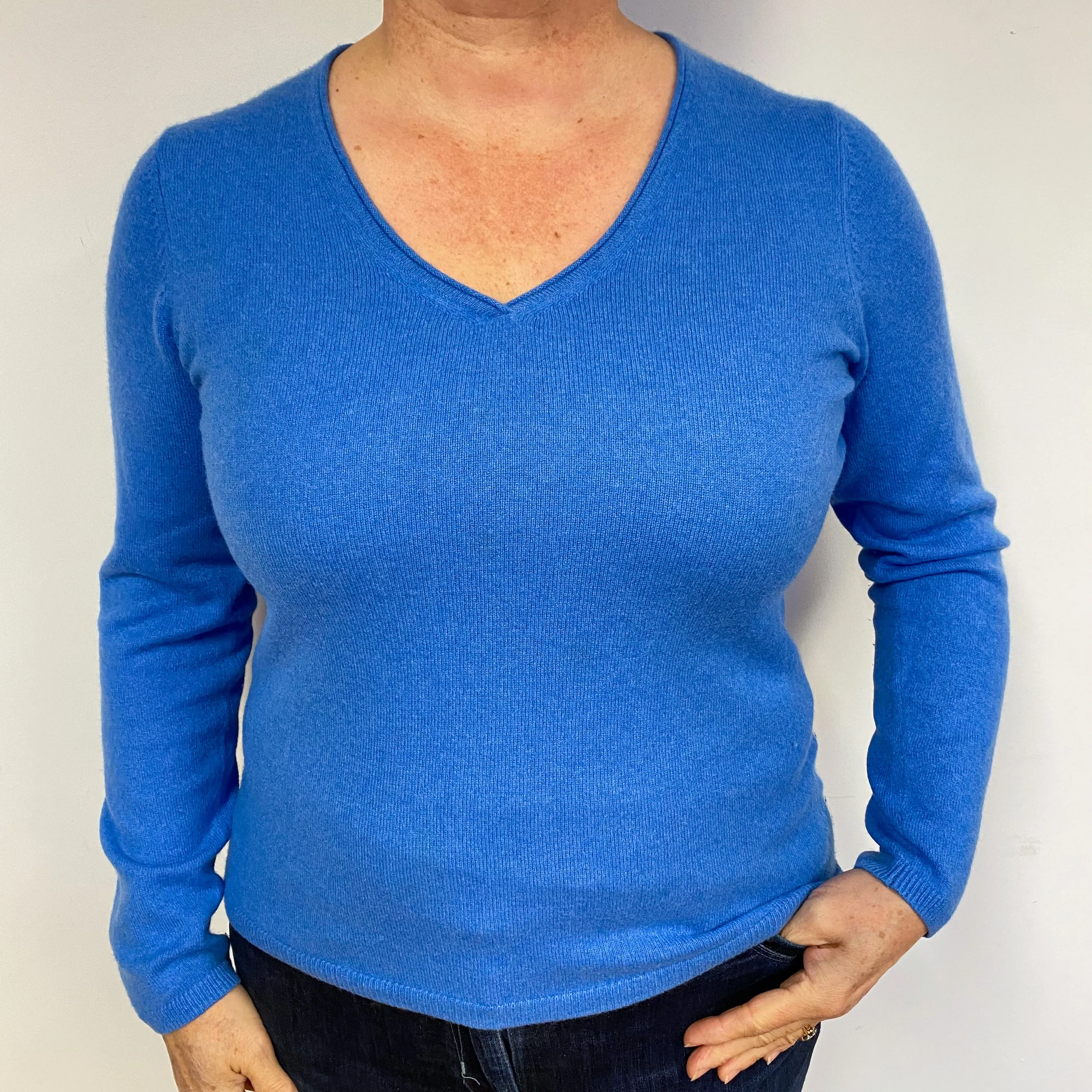 Cornflower Blue Cashmere V-Neck Jumper Large