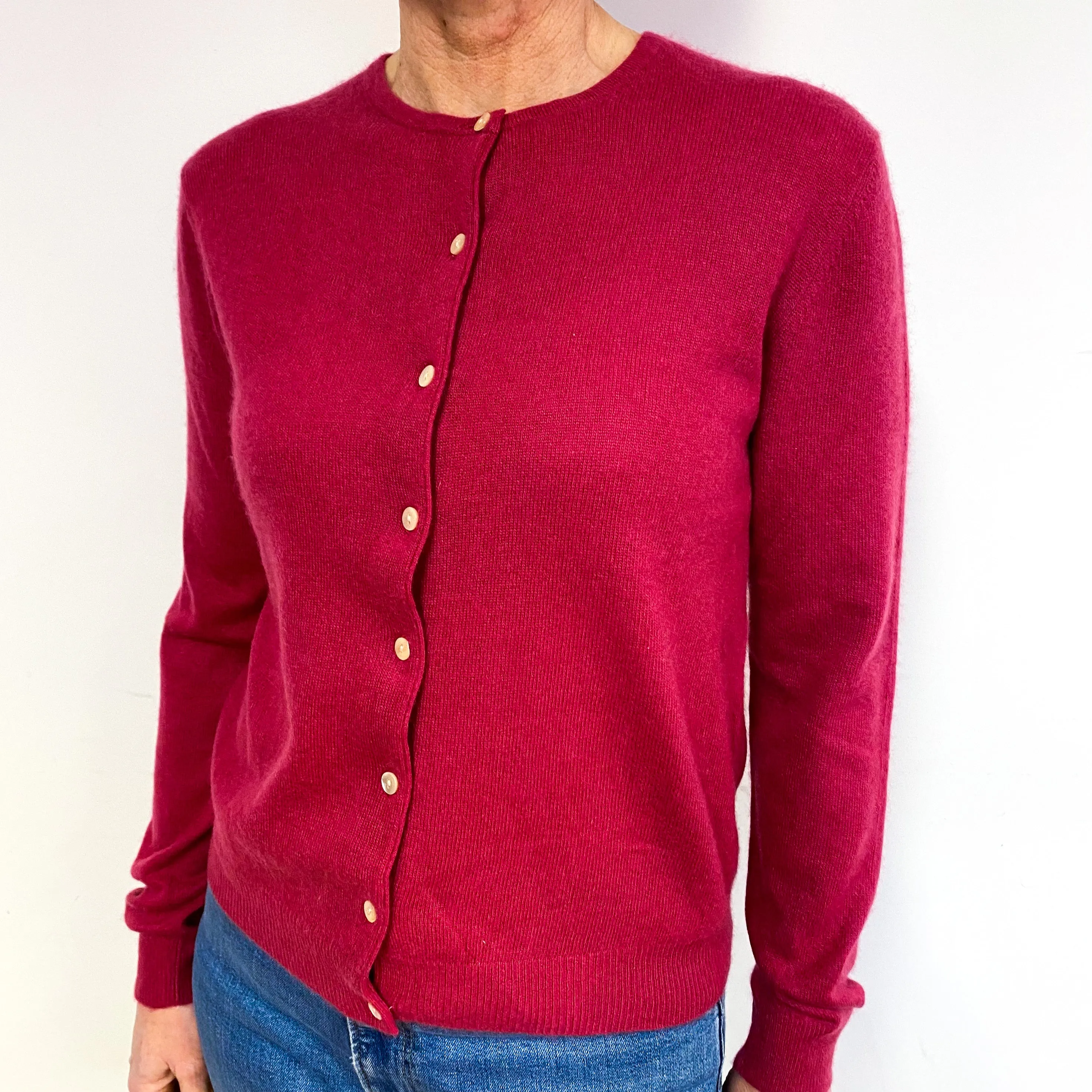 Cranberry Pink Cashmere Crew Neck Cardigan Medium