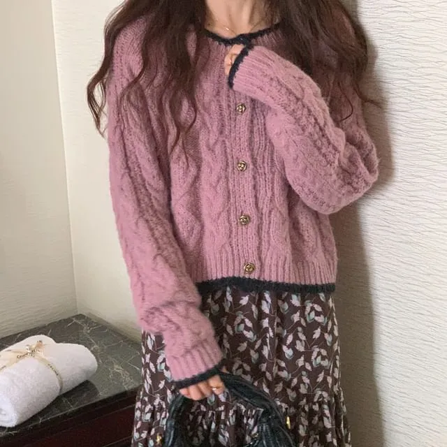 Crewneck Cable Knit Plain Button-Up Cardigan