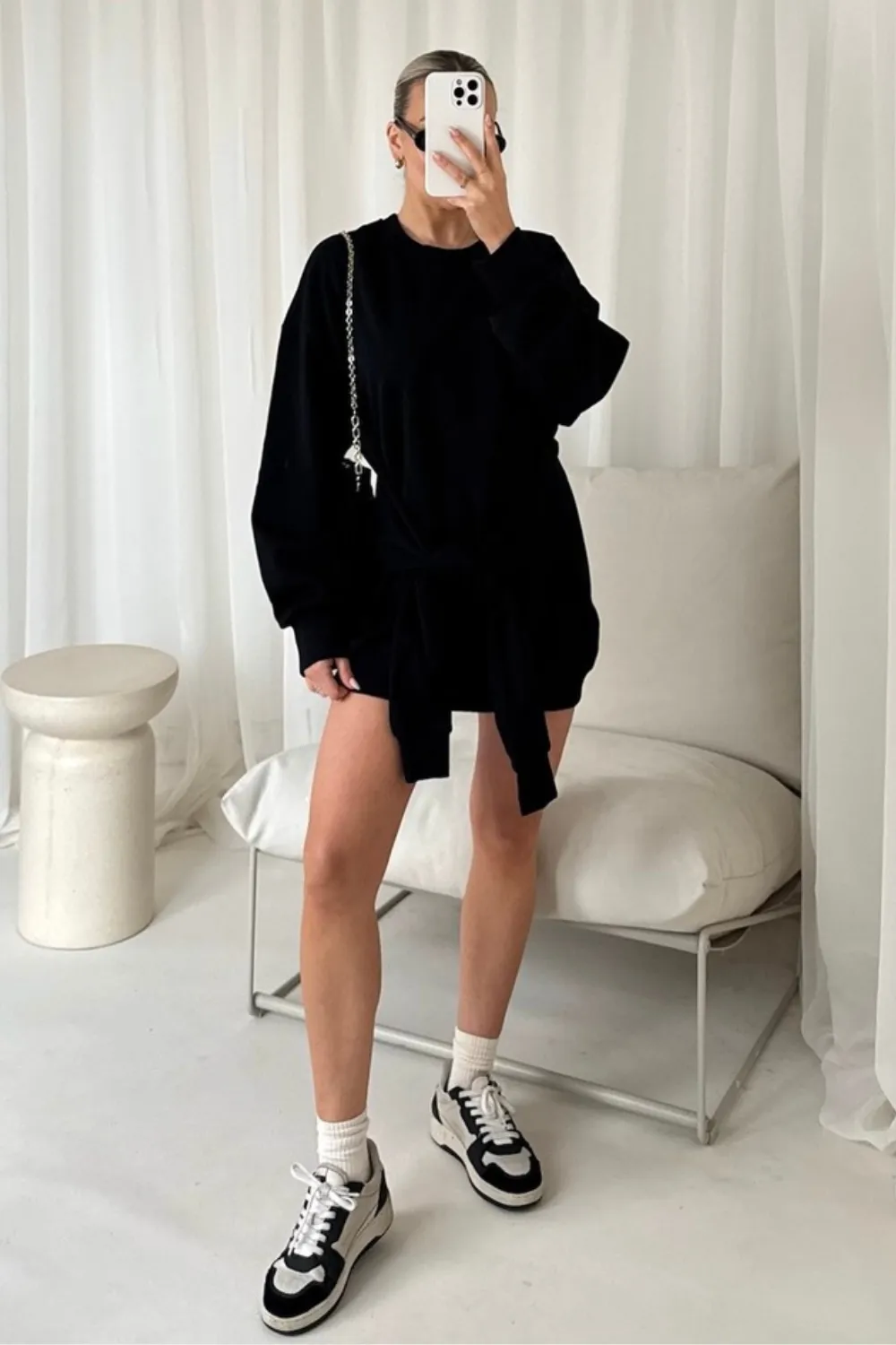 Daisy black tie waist sweater dress