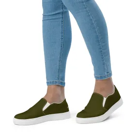 Dark Green Women's Slip Ons, Solid Dark Green Color Modern Minimalist Women’s Slip-On Canvas Shoes (US Size: 5-12)