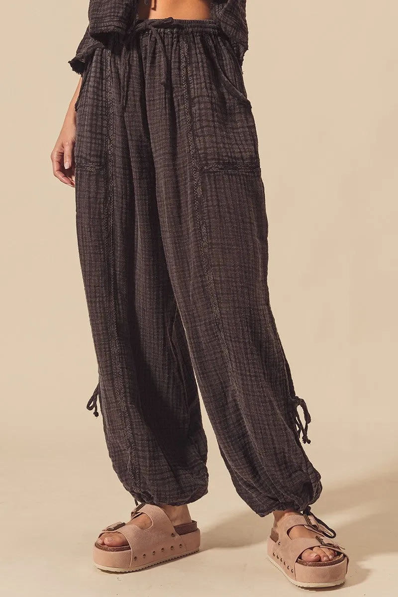 Ellie Mineral Washed Crinkle Gauze Joggers - Charcoal Black