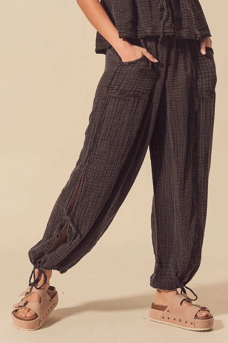 Ellie Mineral Washed Crinkle Gauze Joggers - Charcoal Black