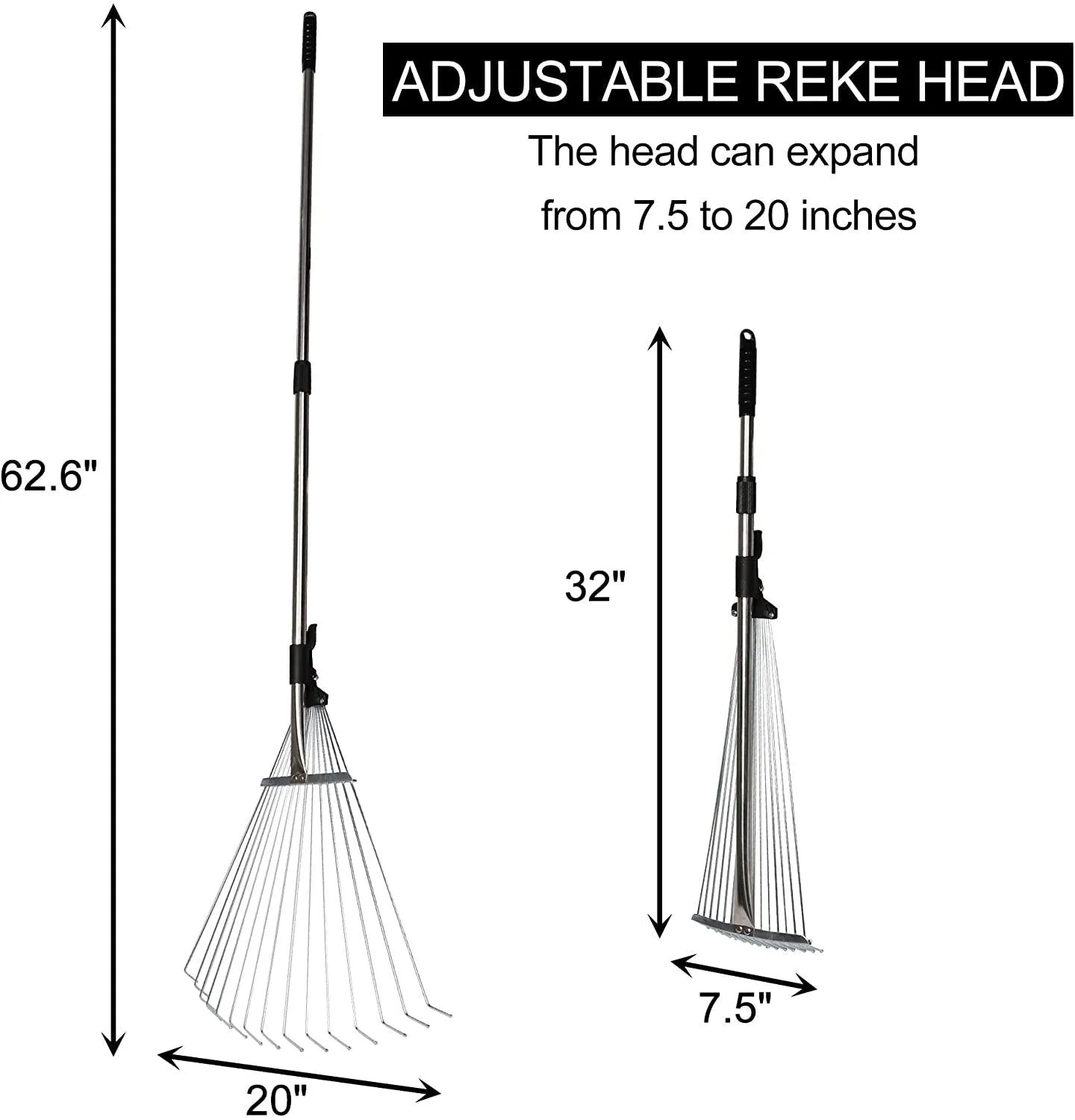 Garden Leaf Rake Adjustable Lightweight 62.6" Telescopic Metal Rake