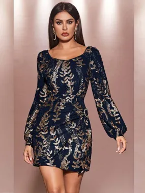 Gold Plant Print Ruched Wrap Hem Dress