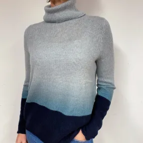 Grey Blue Ombre Cashmere Polo Neck Jumper Medium