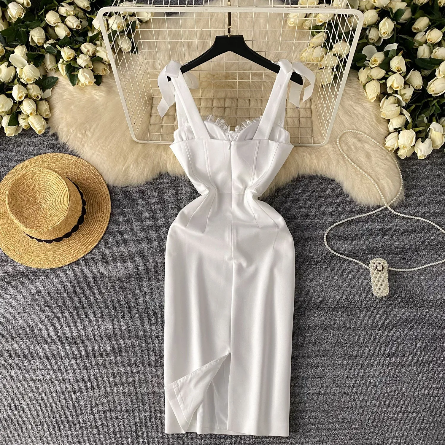 High-end Lace Neckline White Dress