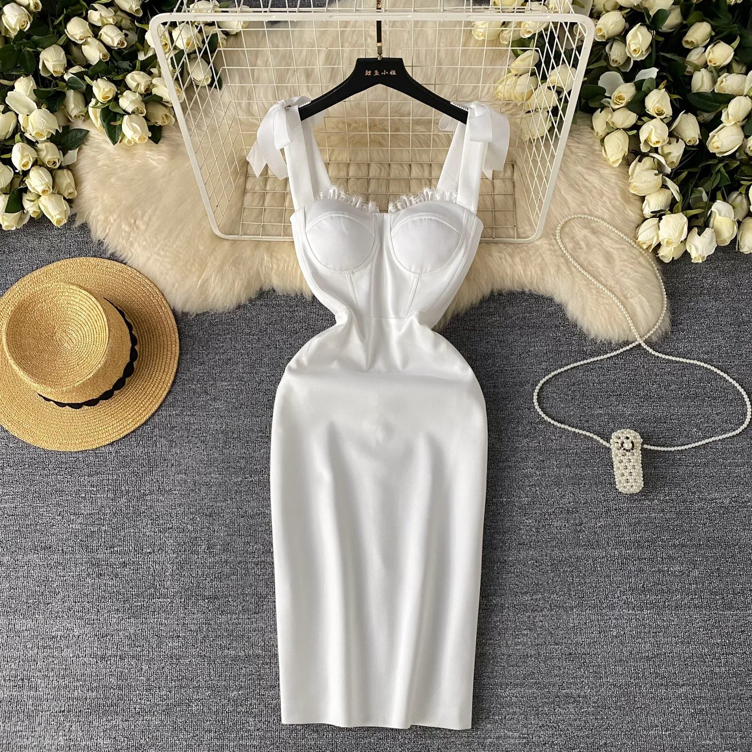 High-end Lace Neckline White Dress