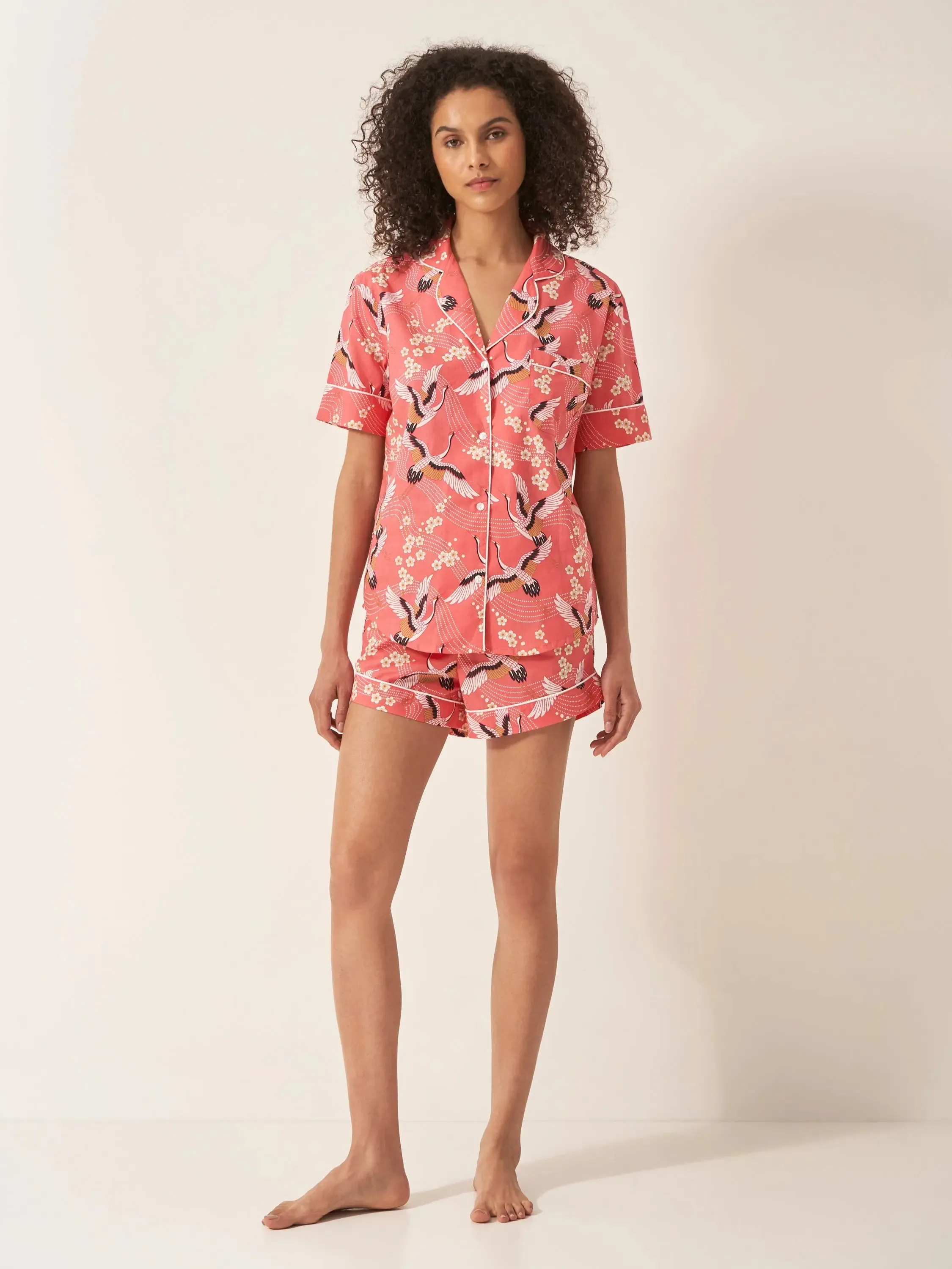 Japanese Crane on Coral Women's Short Sleeve Organic Cotton Pyjama Short Set