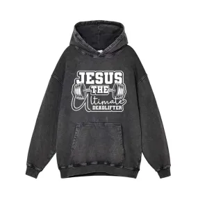 Jesus The Deadlifter Dumbbell Pattern Vintage Washed Hoodie
