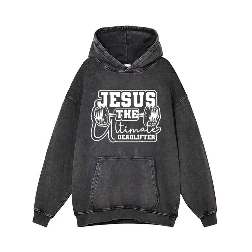 Jesus The Deadlifter Dumbbell Pattern Vintage Washed Hoodie