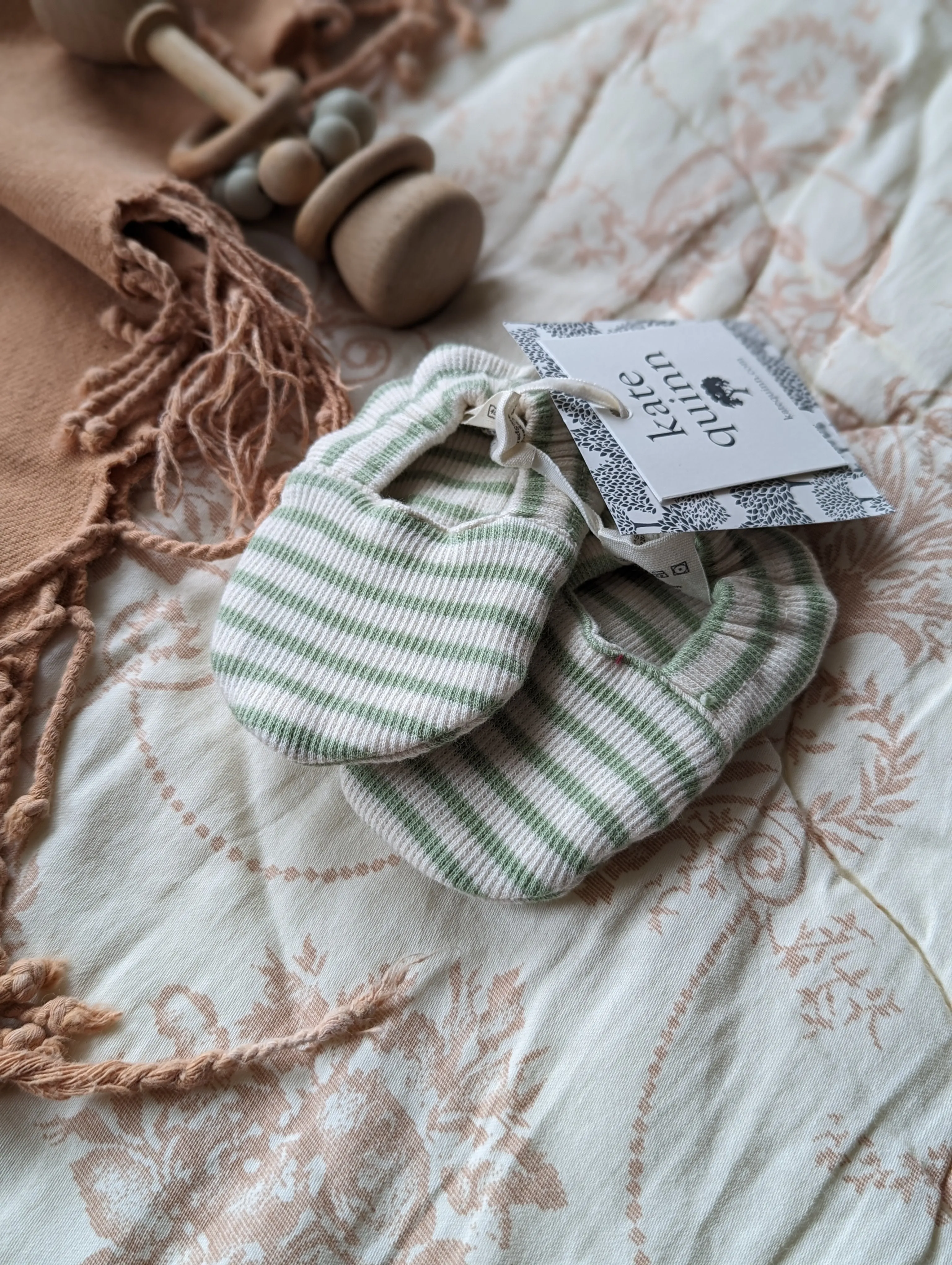 Kate Quinn Organic Cotton Booties in Green Stripe (3-6)