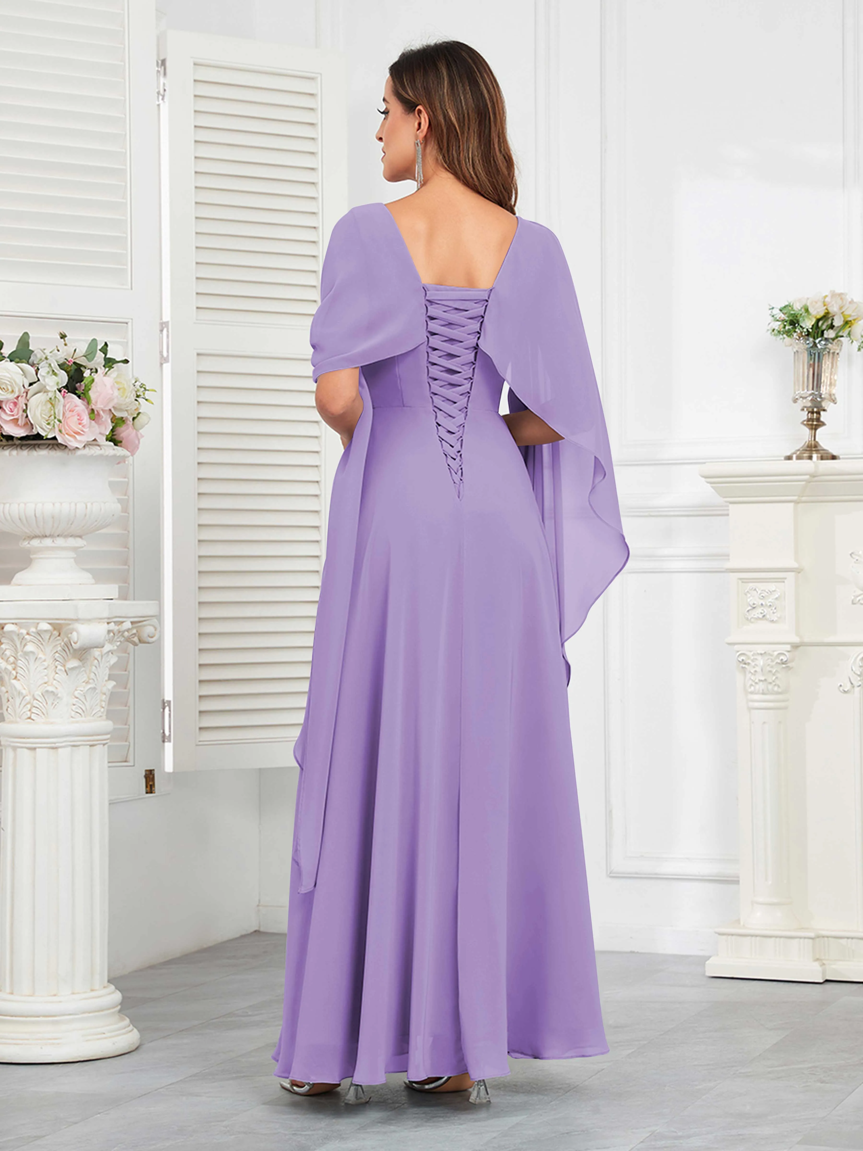 Kennedi Modest A-Line Scoop Cape Sleeves Long Chiffon Mother of the Bride & Groom Dresses