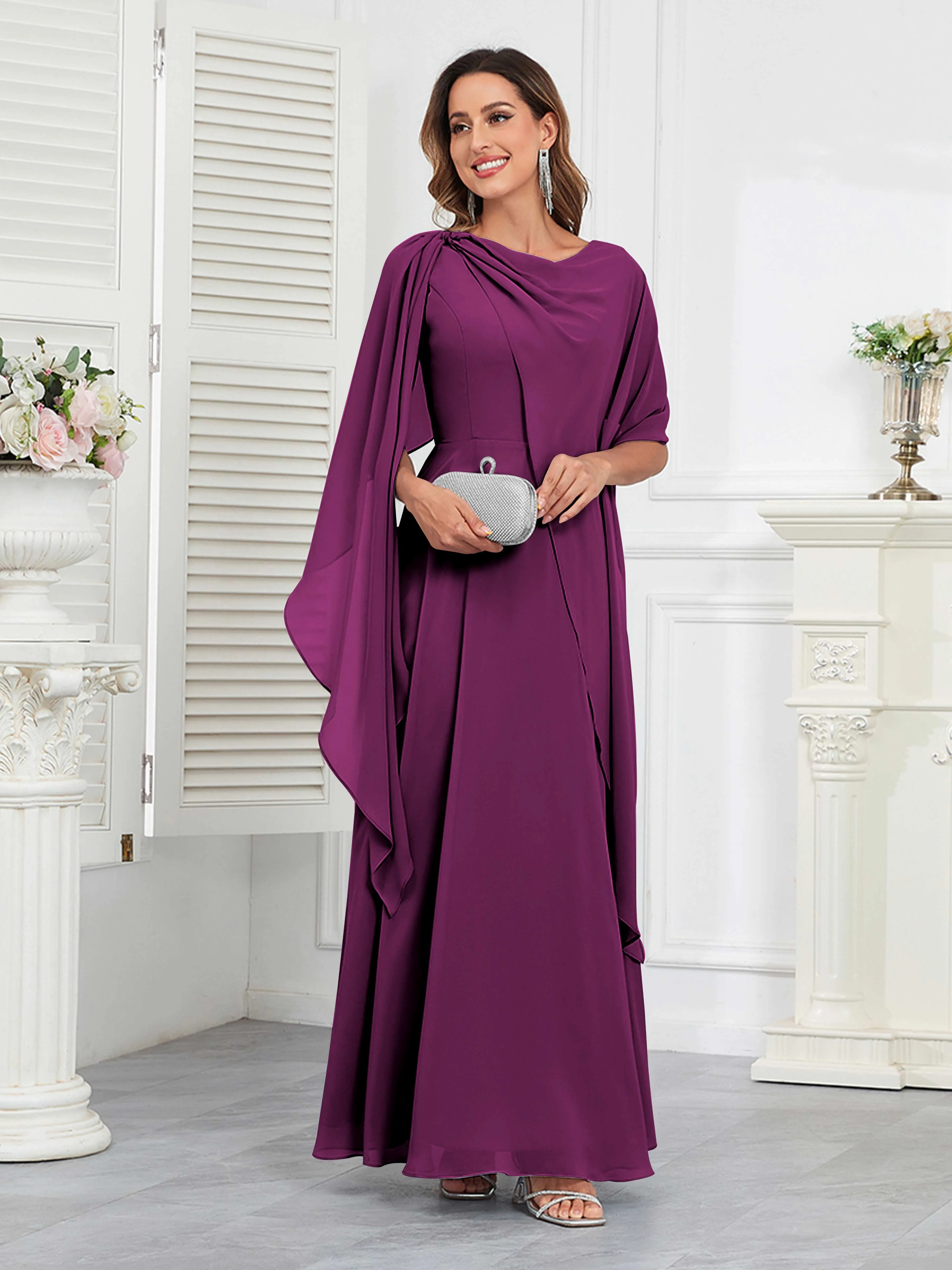 Kennedi Modest A-Line Scoop Cape Sleeves Long Chiffon Mother of the Bride & Groom Dresses