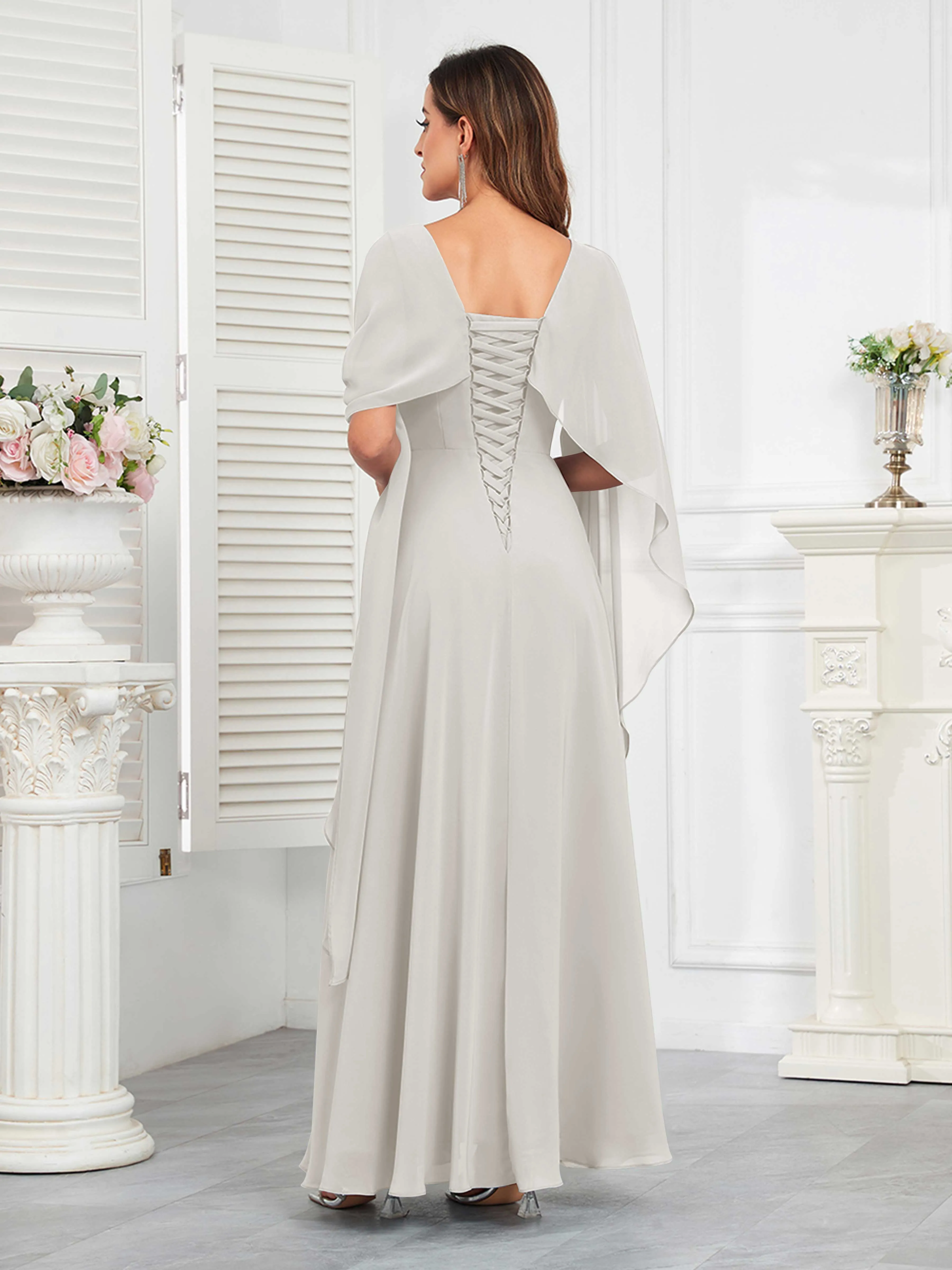 Kennedi Modest A-Line Scoop Cape Sleeves Long Chiffon Mother of the Bride & Groom Dresses