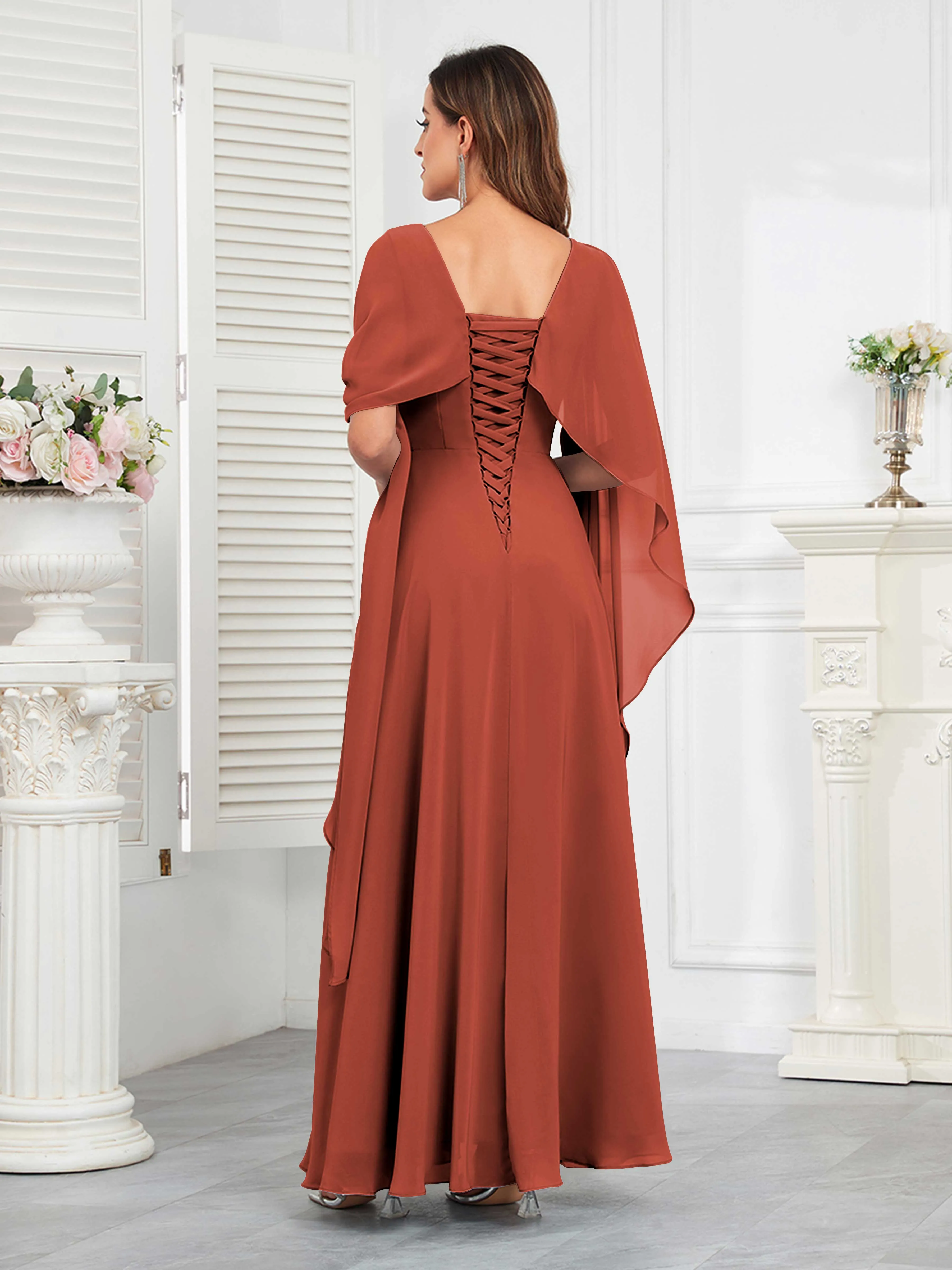 Kennedi Modest A-Line Scoop Cape Sleeves Long Chiffon Mother of the Bride & Groom Dresses