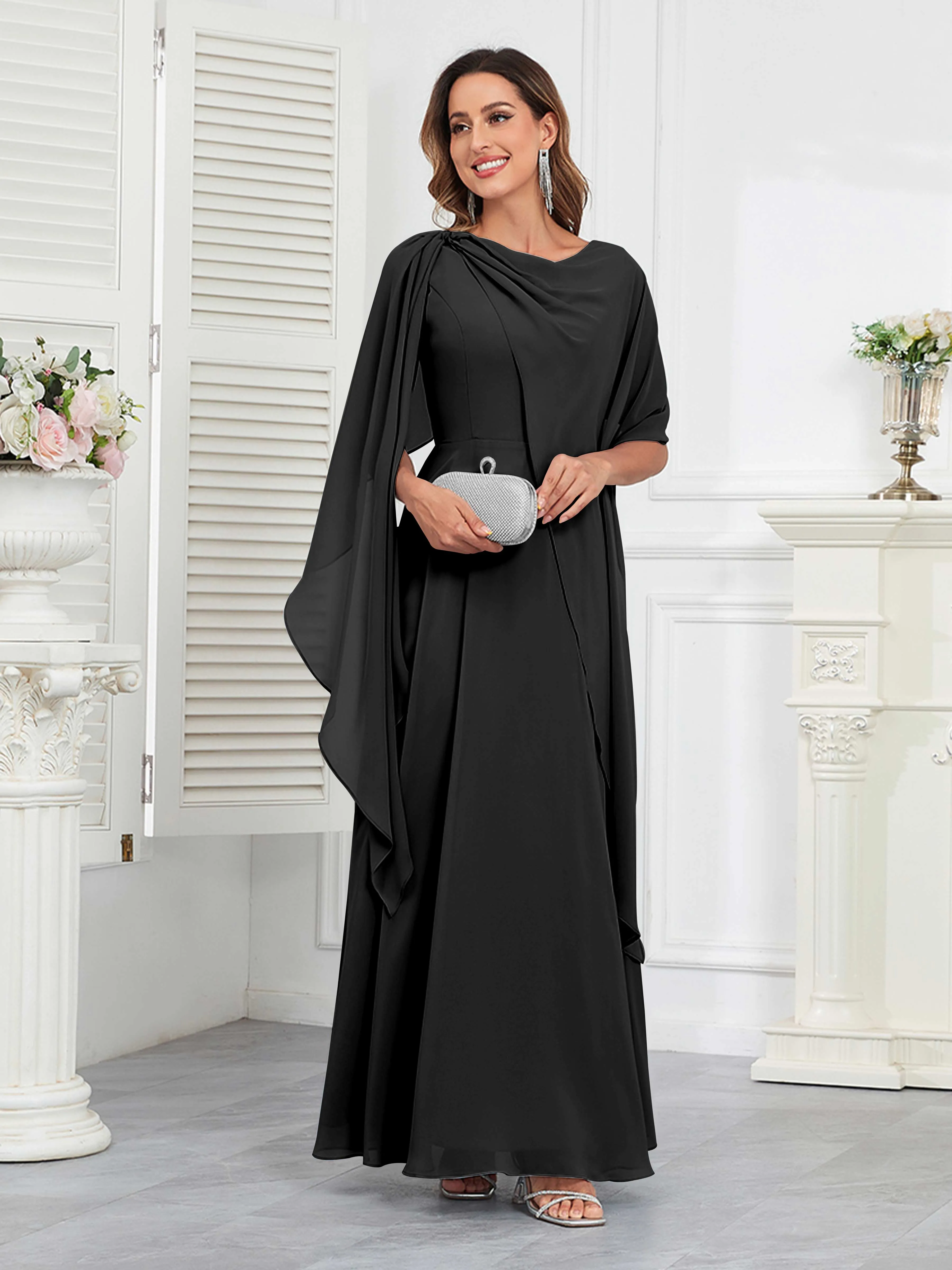 Kennedi Modest A-Line Scoop Cape Sleeves Long Chiffon Mother of the Bride & Groom Dresses
