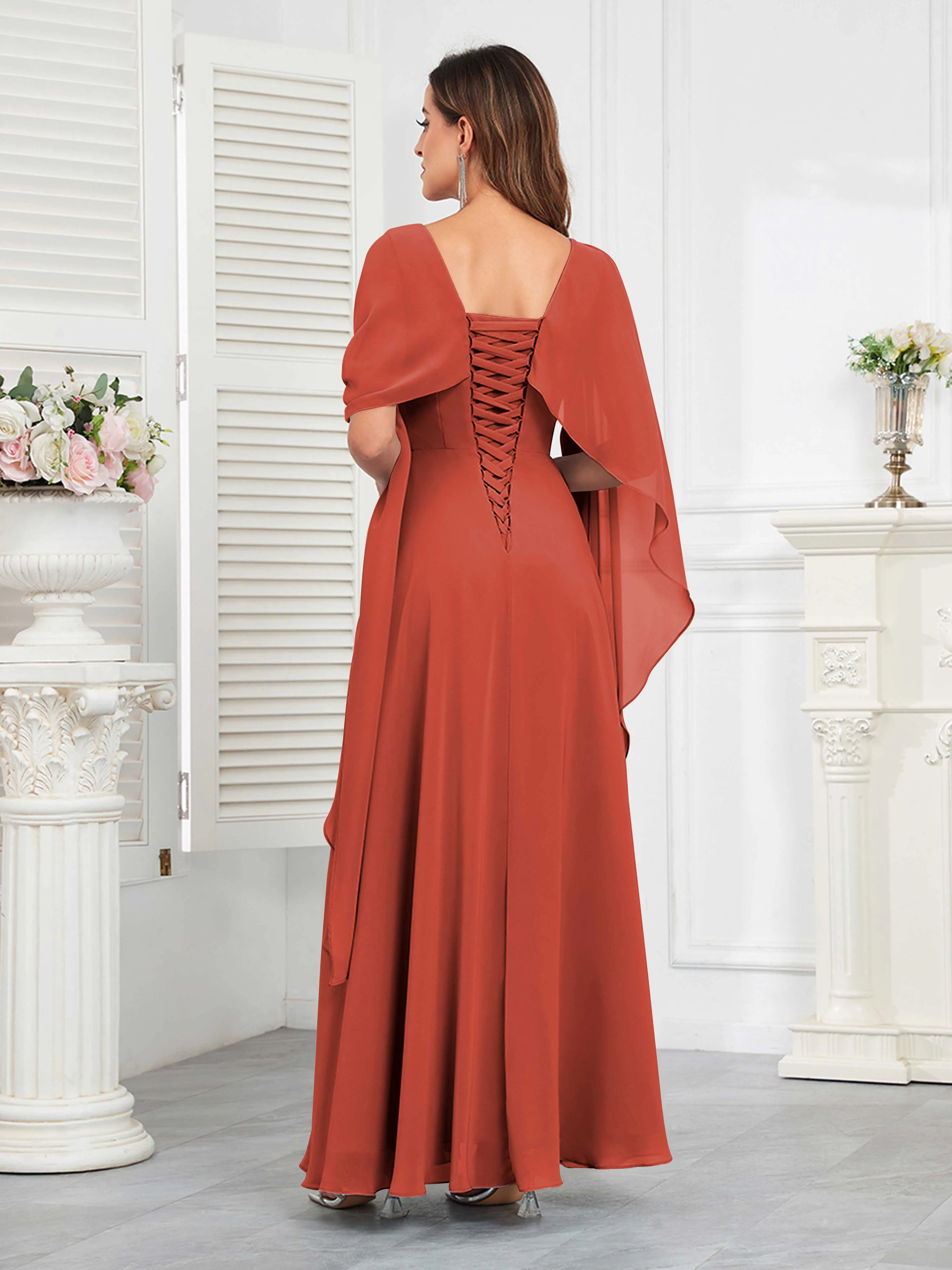 Kennedi Modest A-Line Scoop Cape Sleeves Long Chiffon Mother of the Bride & Groom Dresses