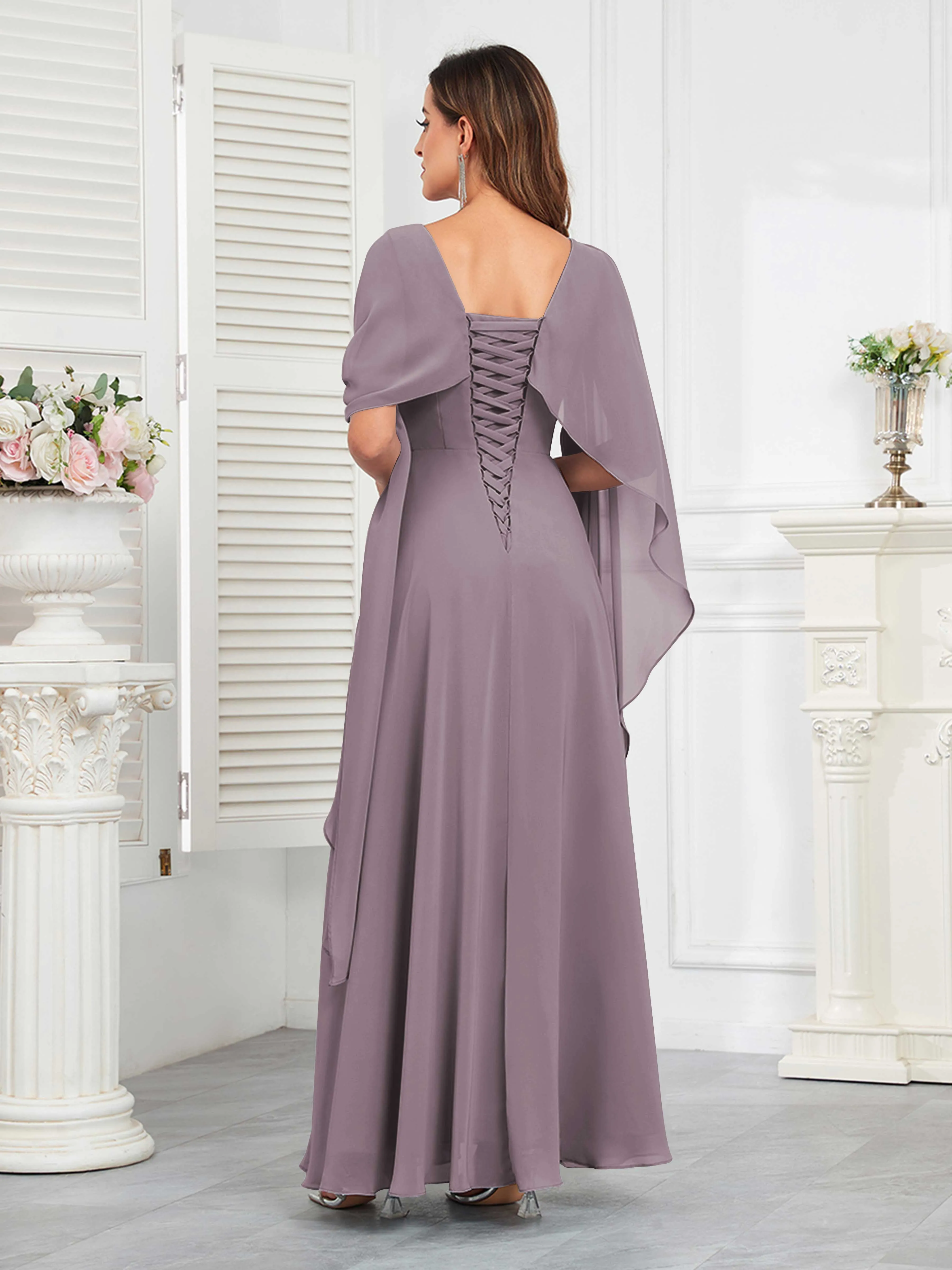 Kennedi Modest A-Line Scoop Cape Sleeves Long Chiffon Mother of the Bride & Groom Dresses