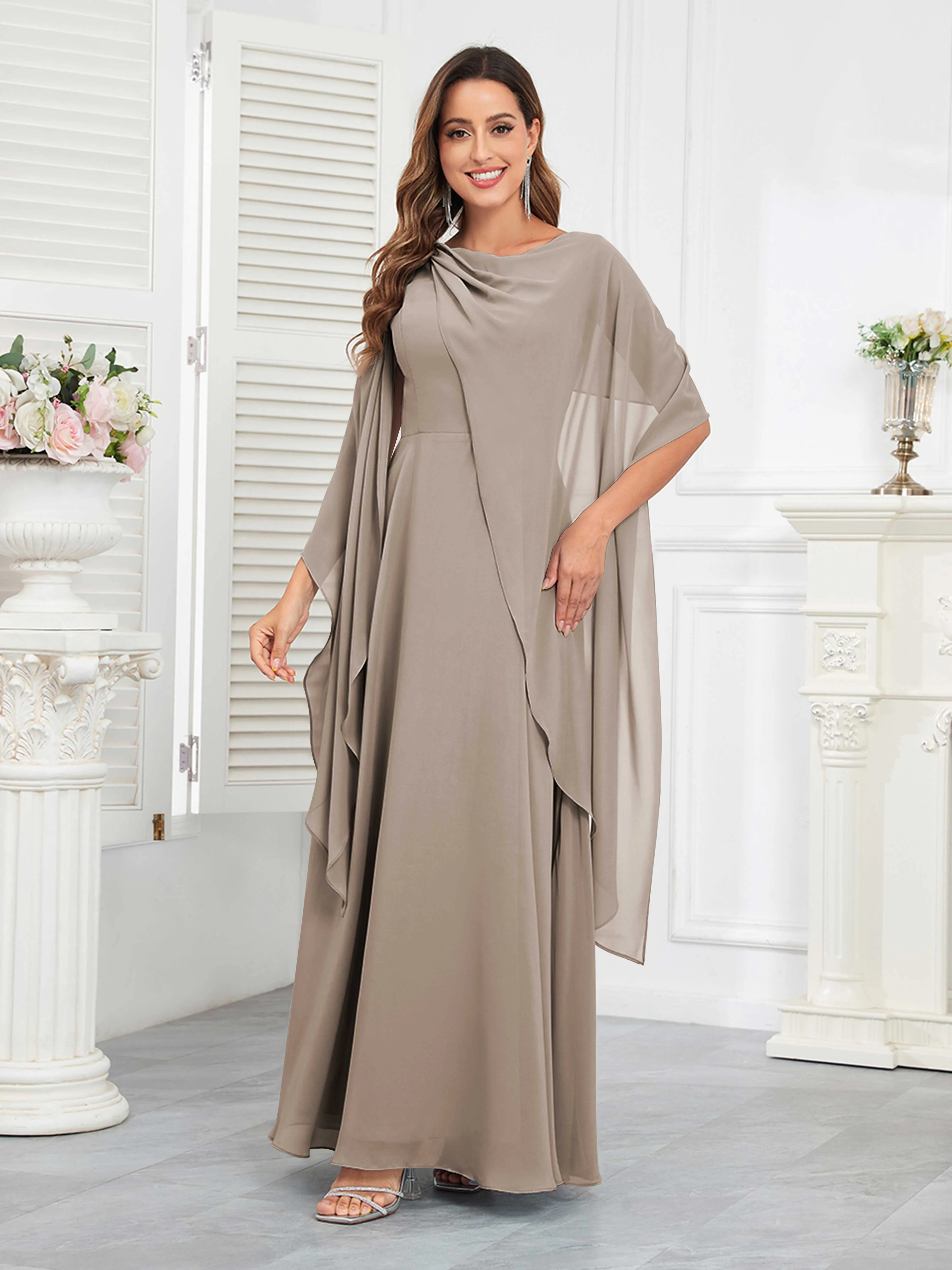 Kennedi Modest A-Line Scoop Cape Sleeves Long Chiffon Mother of the Bride & Groom Dresses
