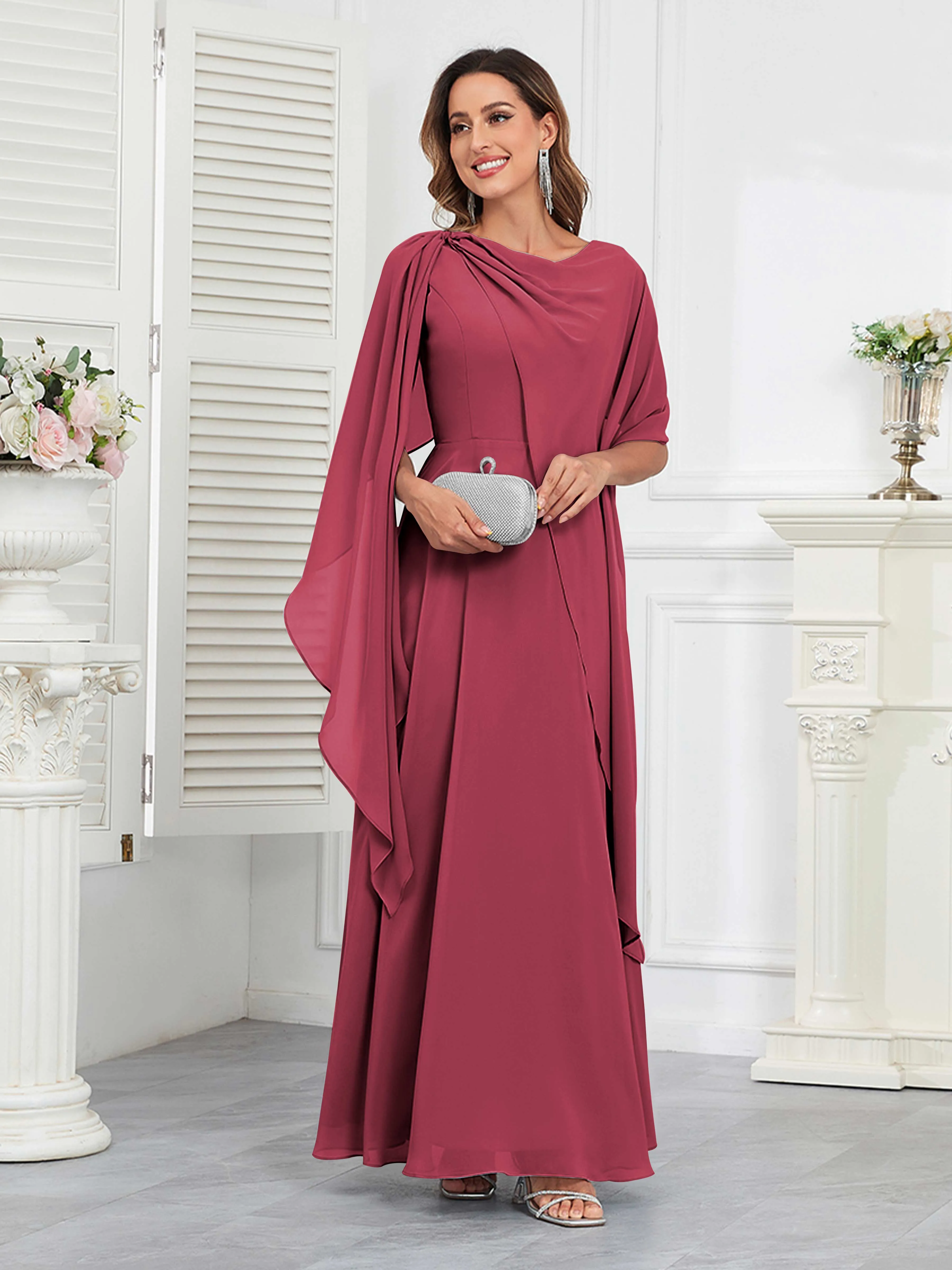 Kennedi Modest A-Line Scoop Cape Sleeves Long Chiffon Mother of the Bride & Groom Dresses