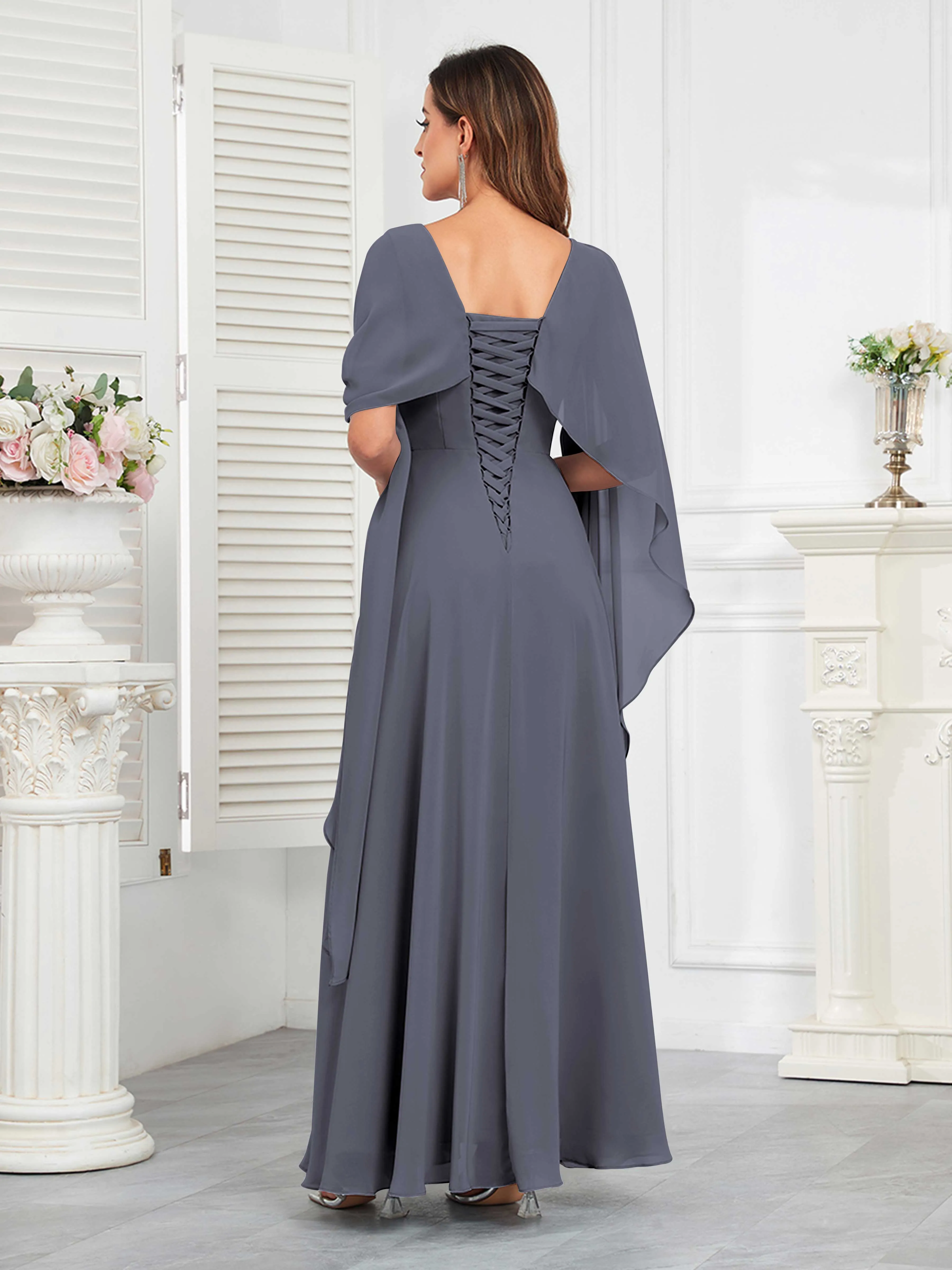 Kennedi Modest A-Line Scoop Cape Sleeves Long Chiffon Mother of the Bride & Groom Dresses