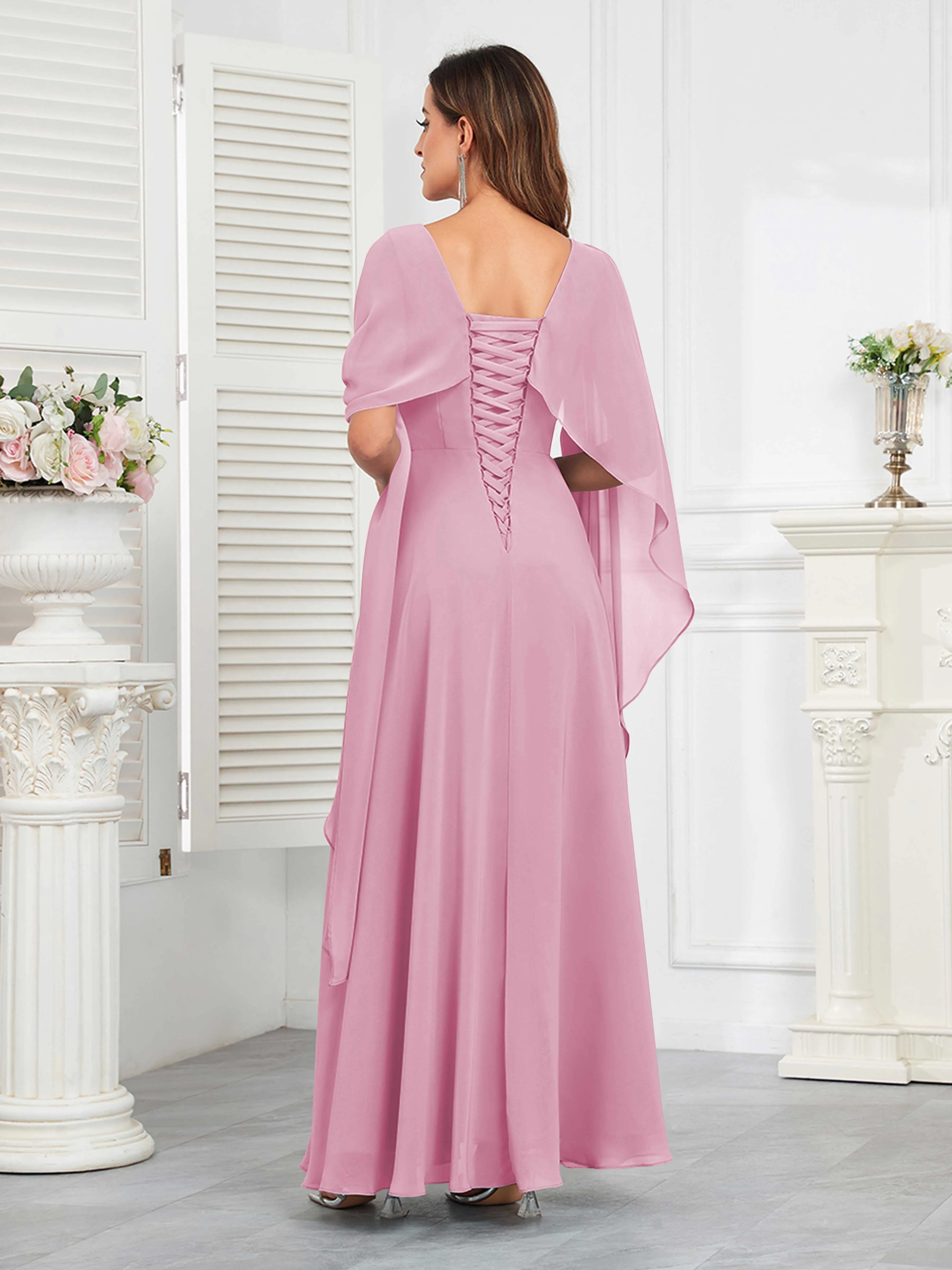 Kennedi Modest A-Line Scoop Cape Sleeves Long Chiffon Mother of the Bride & Groom Dresses