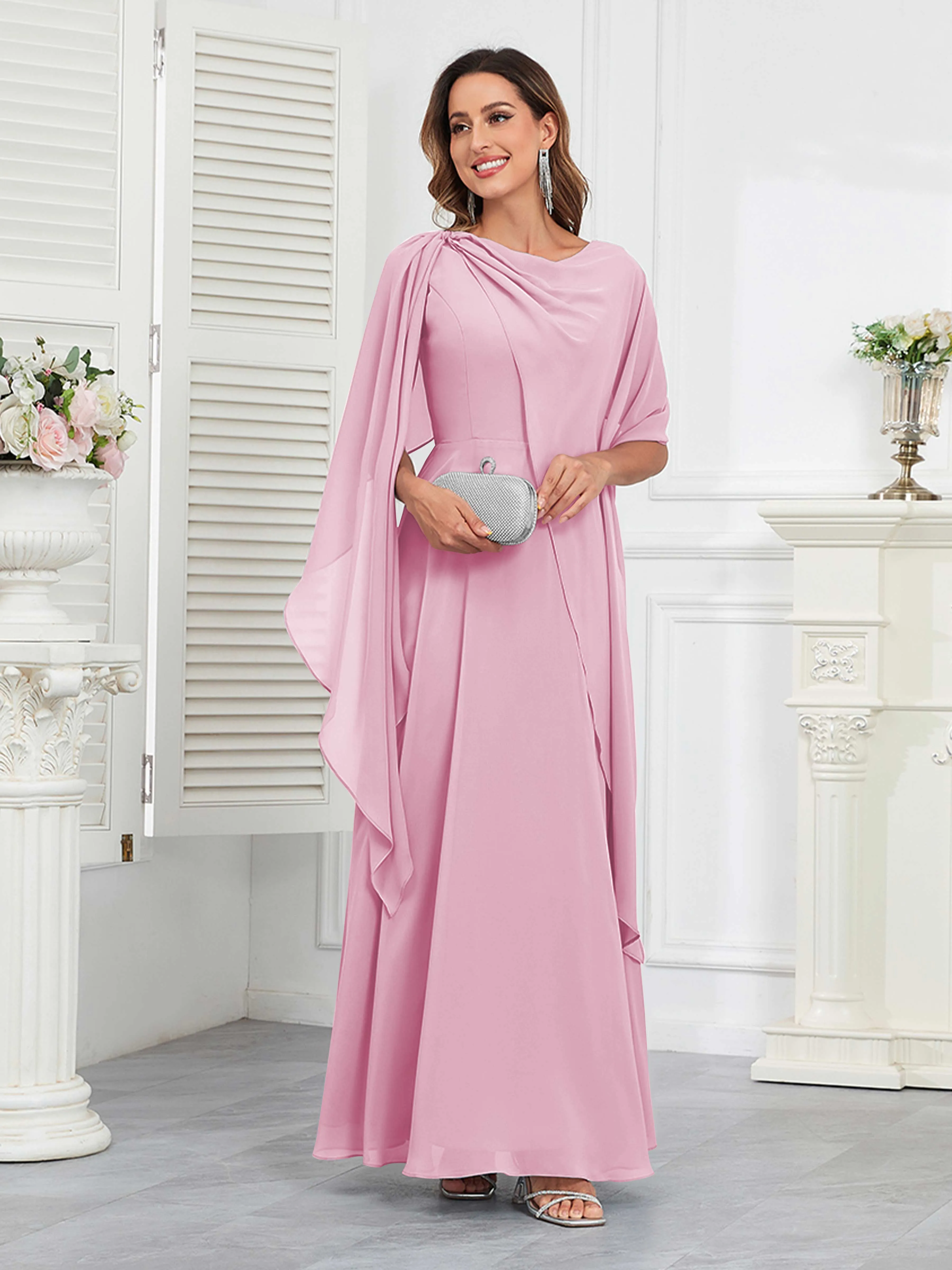 Kennedi Modest A-Line Scoop Cape Sleeves Long Chiffon Mother of the Bride & Groom Dresses