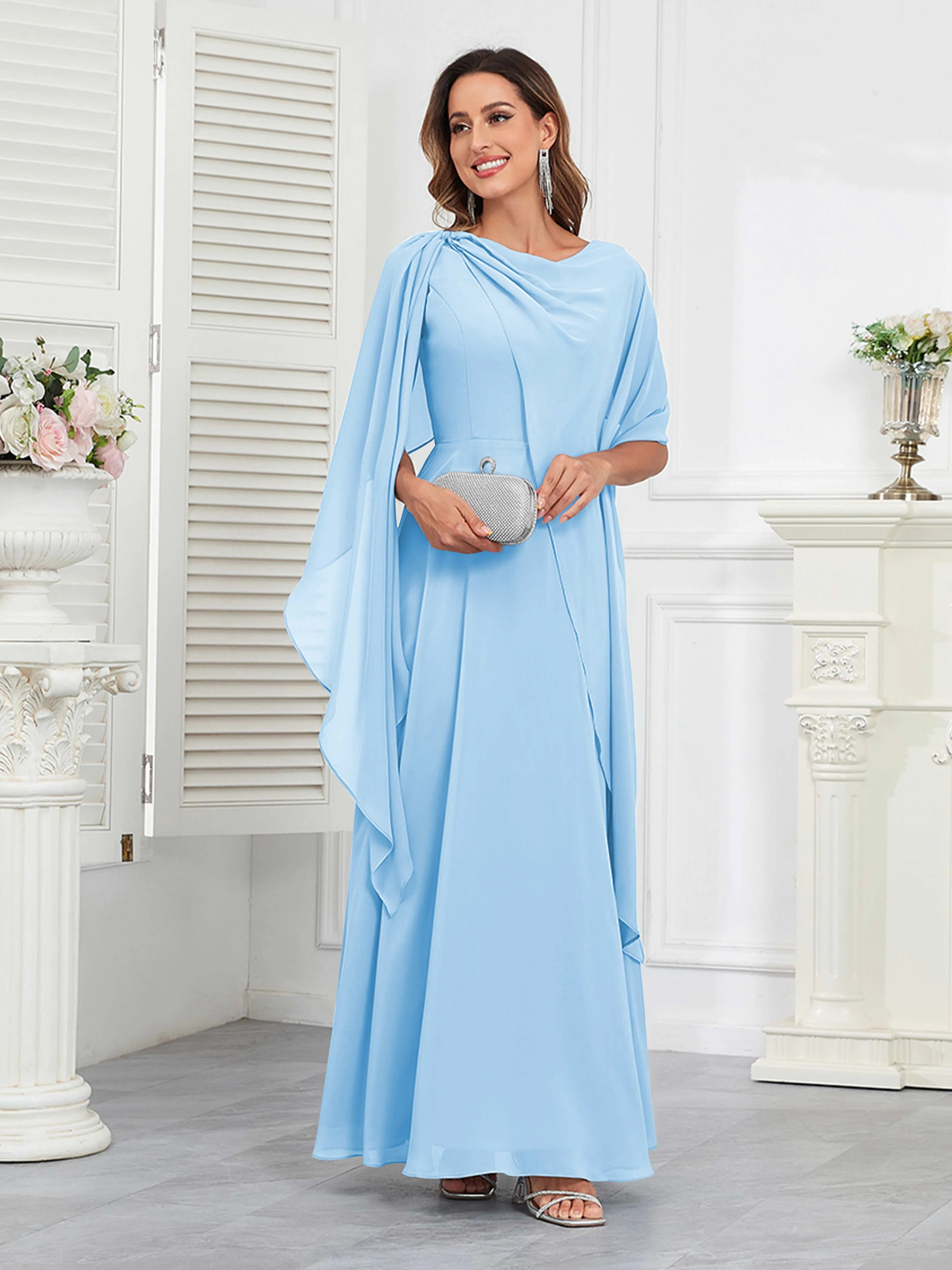 Kennedi Modest A-Line Scoop Cape Sleeves Long Chiffon Mother of the Bride & Groom Dresses