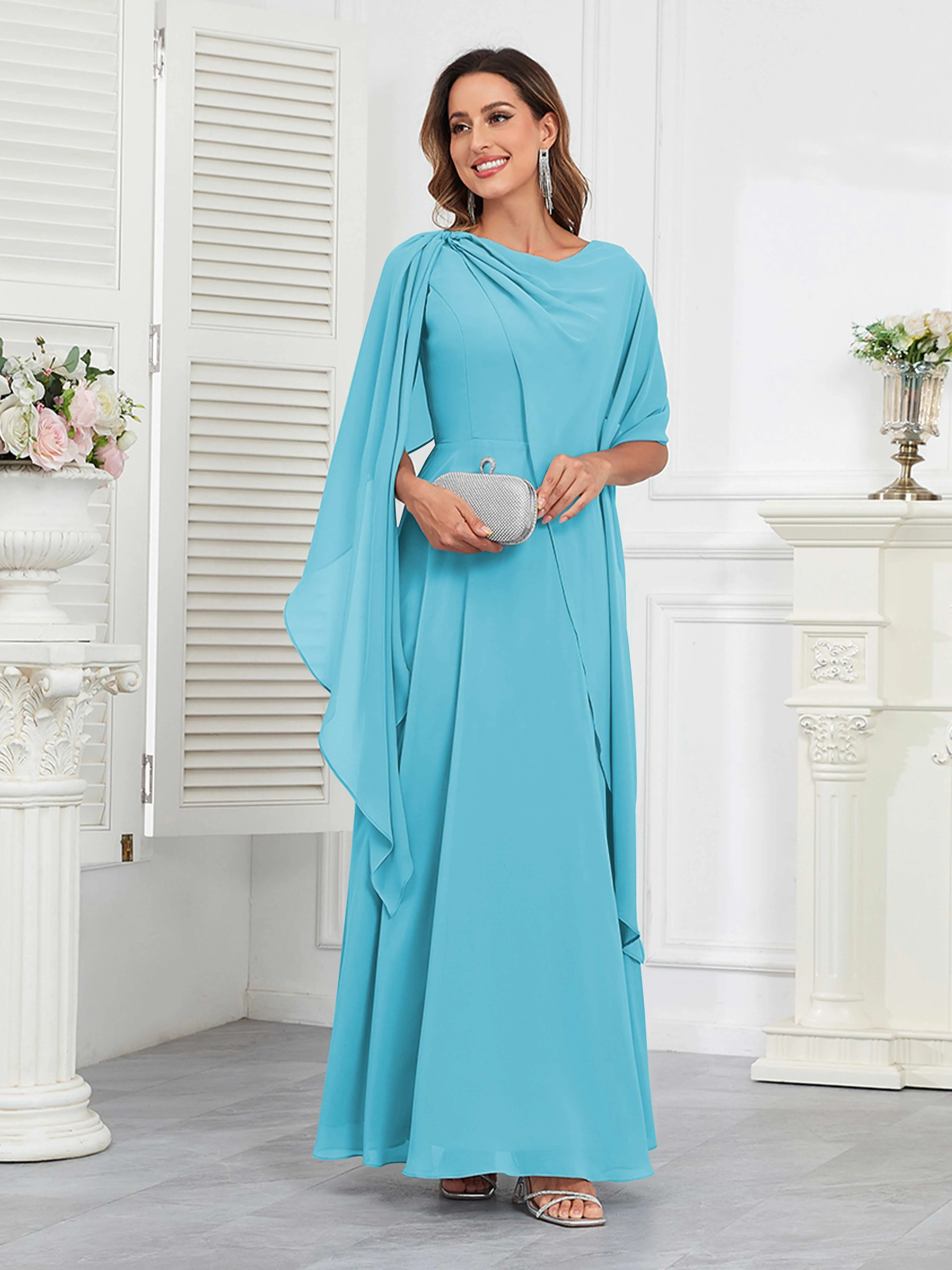 Kennedi Modest A-Line Scoop Cape Sleeves Long Chiffon Mother of the Bride & Groom Dresses