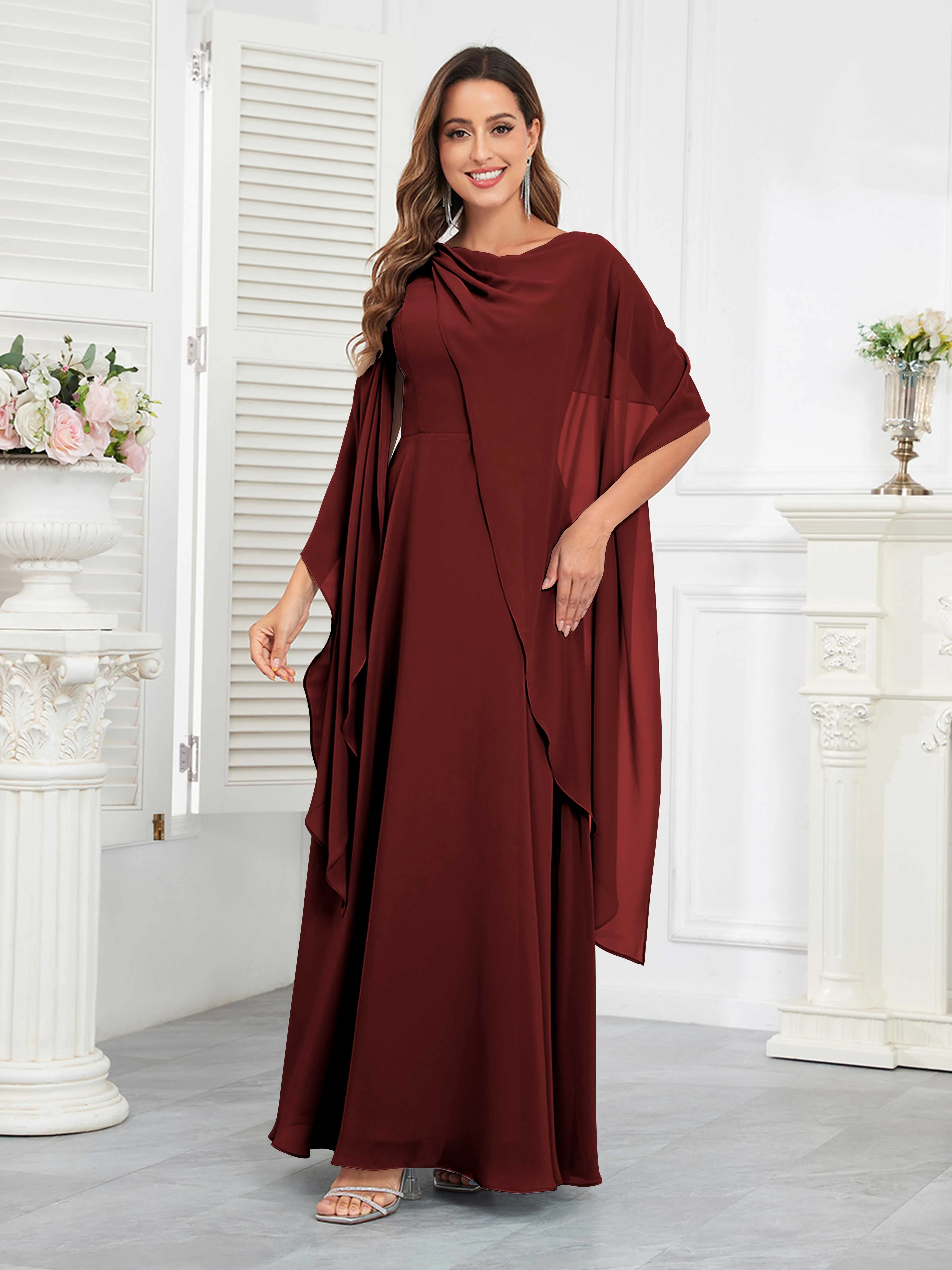 Kennedi Modest A-Line Scoop Cape Sleeves Long Chiffon Mother of the Bride & Groom Dresses