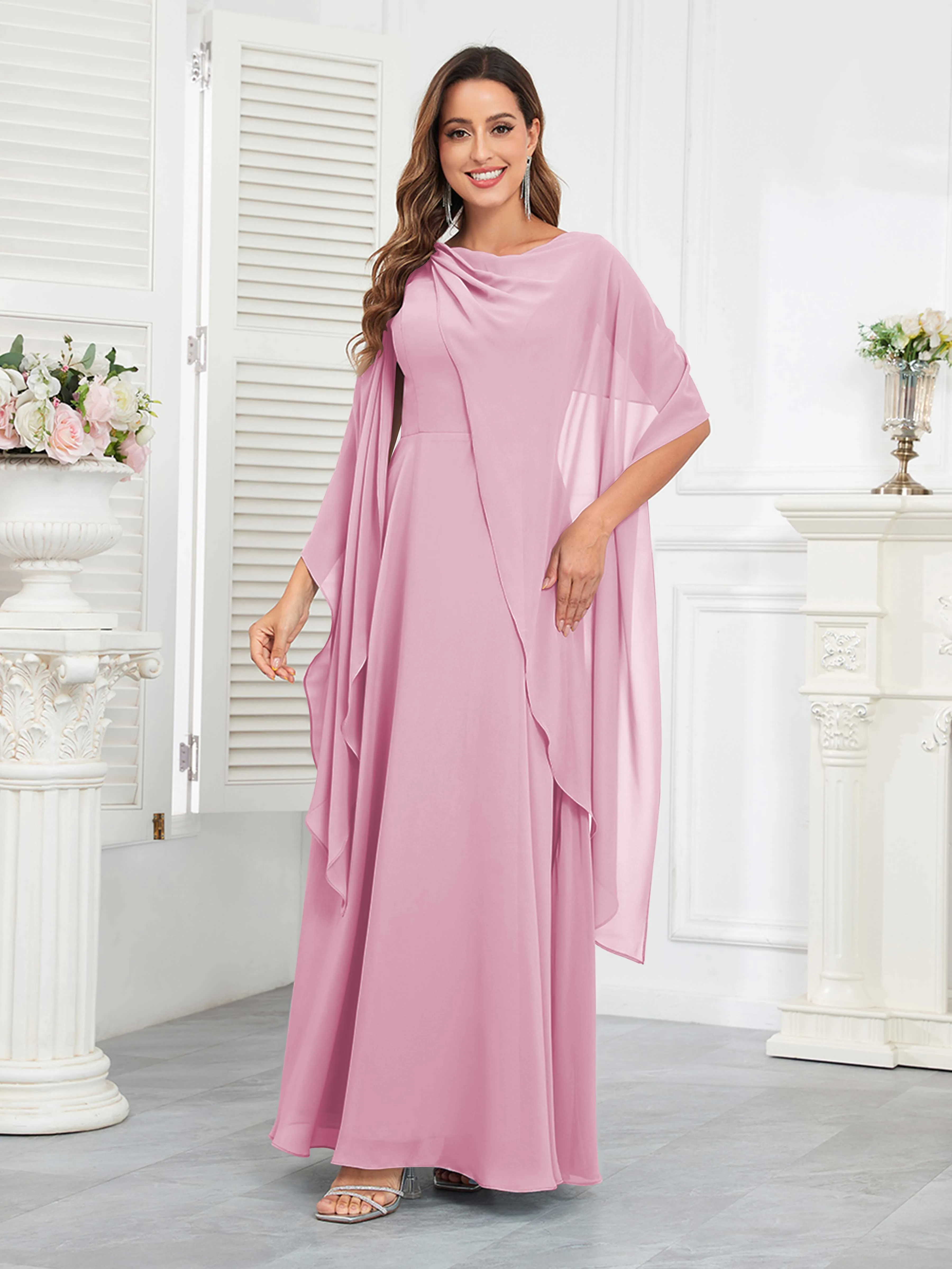 Kennedi Modest A-Line Scoop Cape Sleeves Long Chiffon Mother of the Bride & Groom Dresses