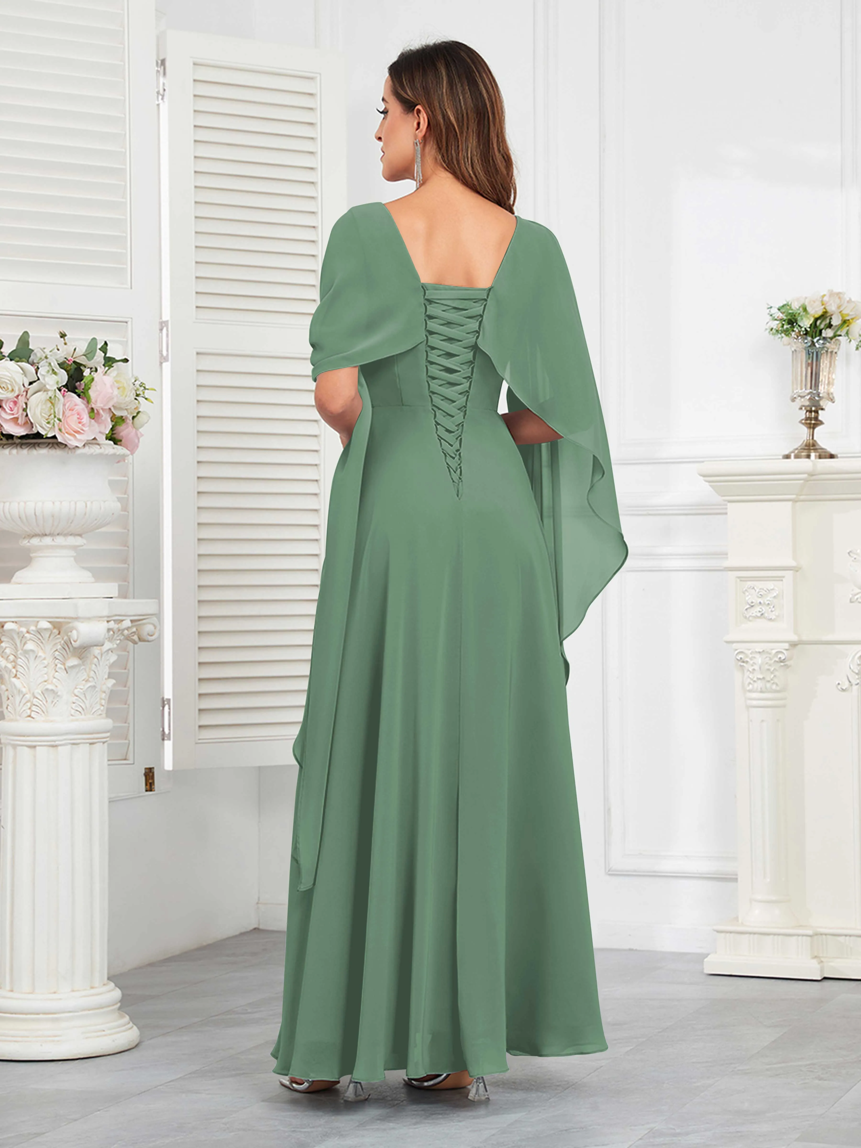 Kennedi Modest A-Line Scoop Cape Sleeves Long Chiffon Mother of the Bride & Groom Dresses