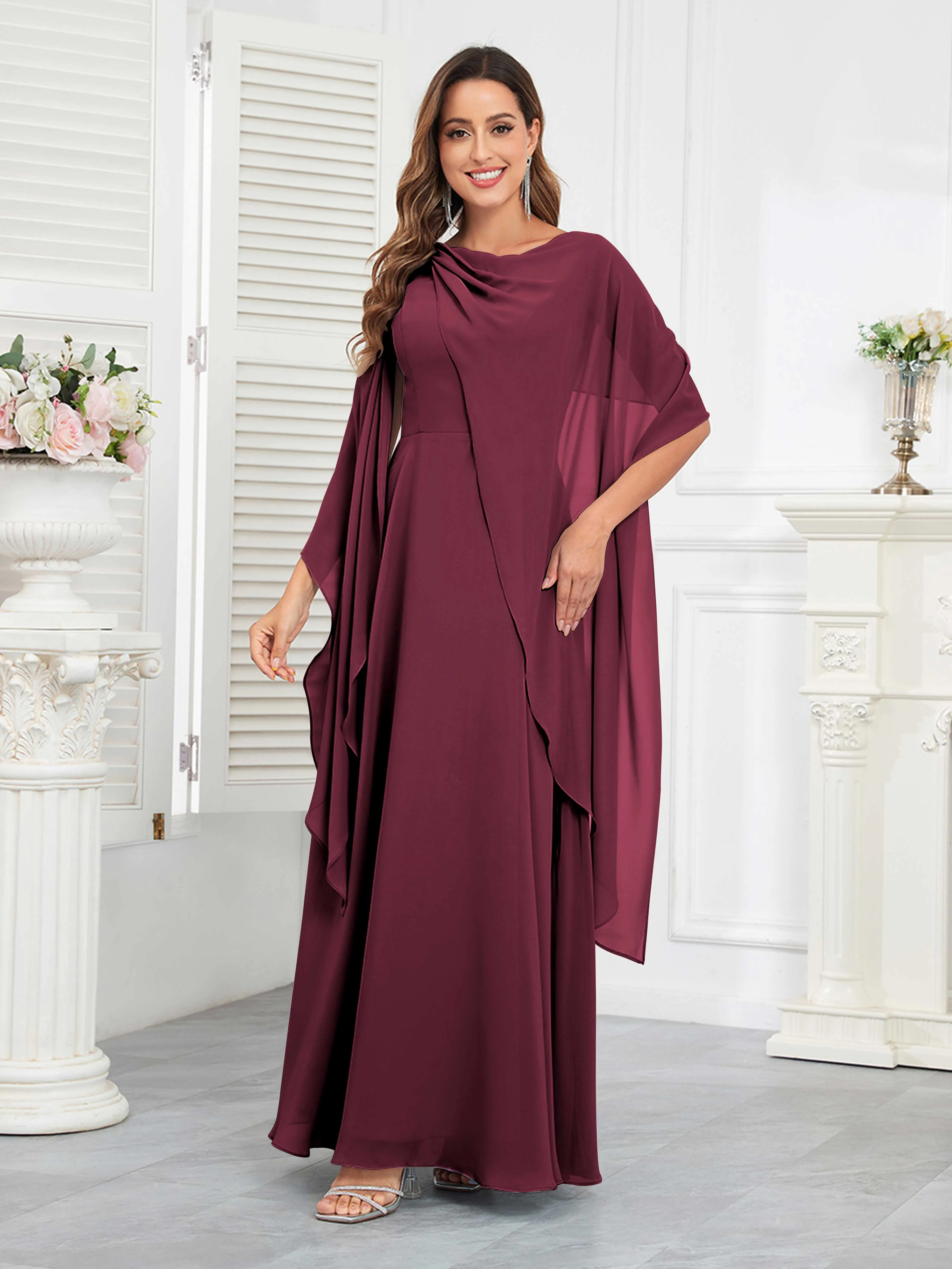 Kennedi Modest A-Line Scoop Cape Sleeves Long Chiffon Mother of the Bride & Groom Dresses