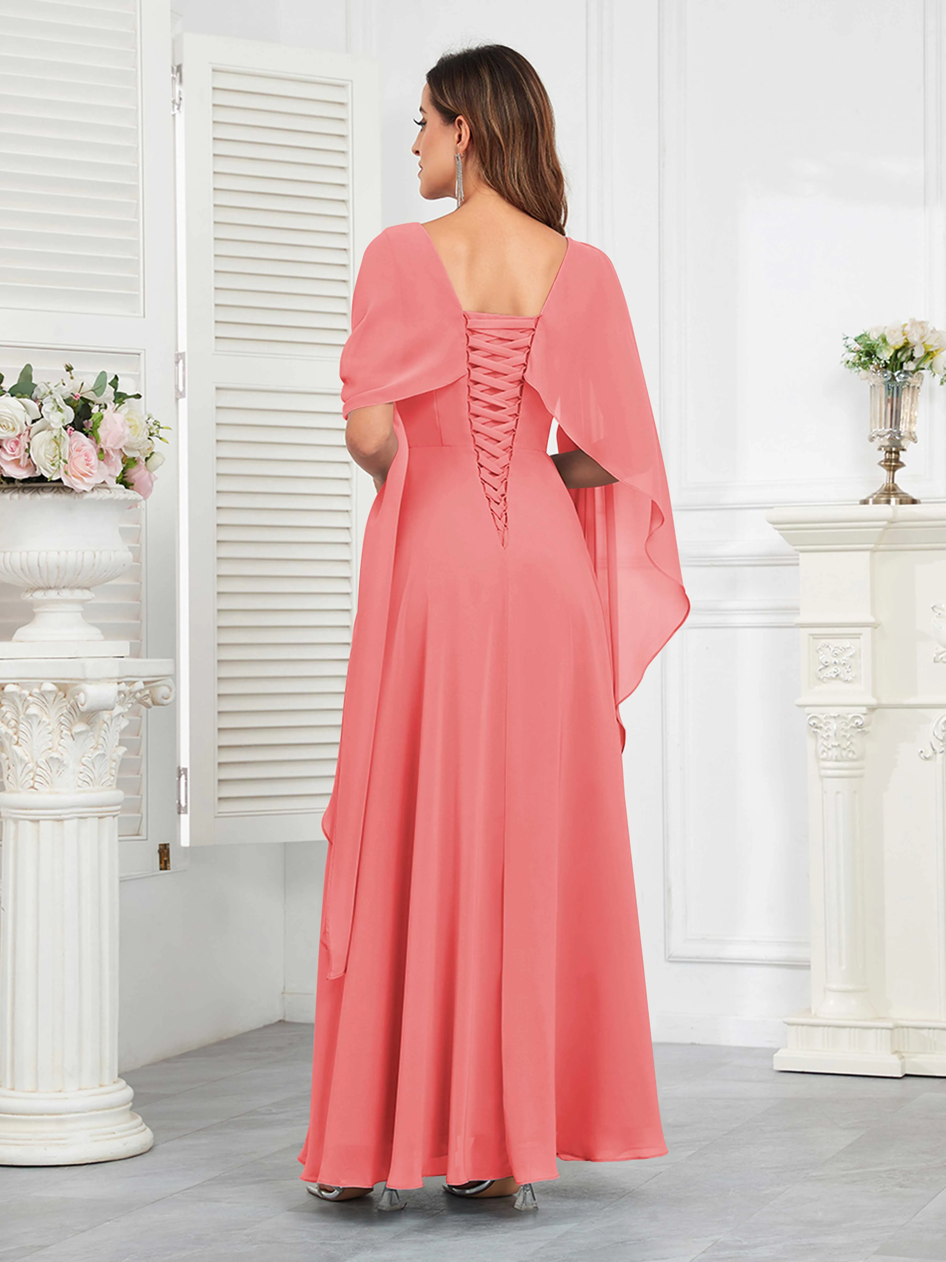 Kennedi Modest A-Line Scoop Cape Sleeves Long Chiffon Mother of the Bride & Groom Dresses