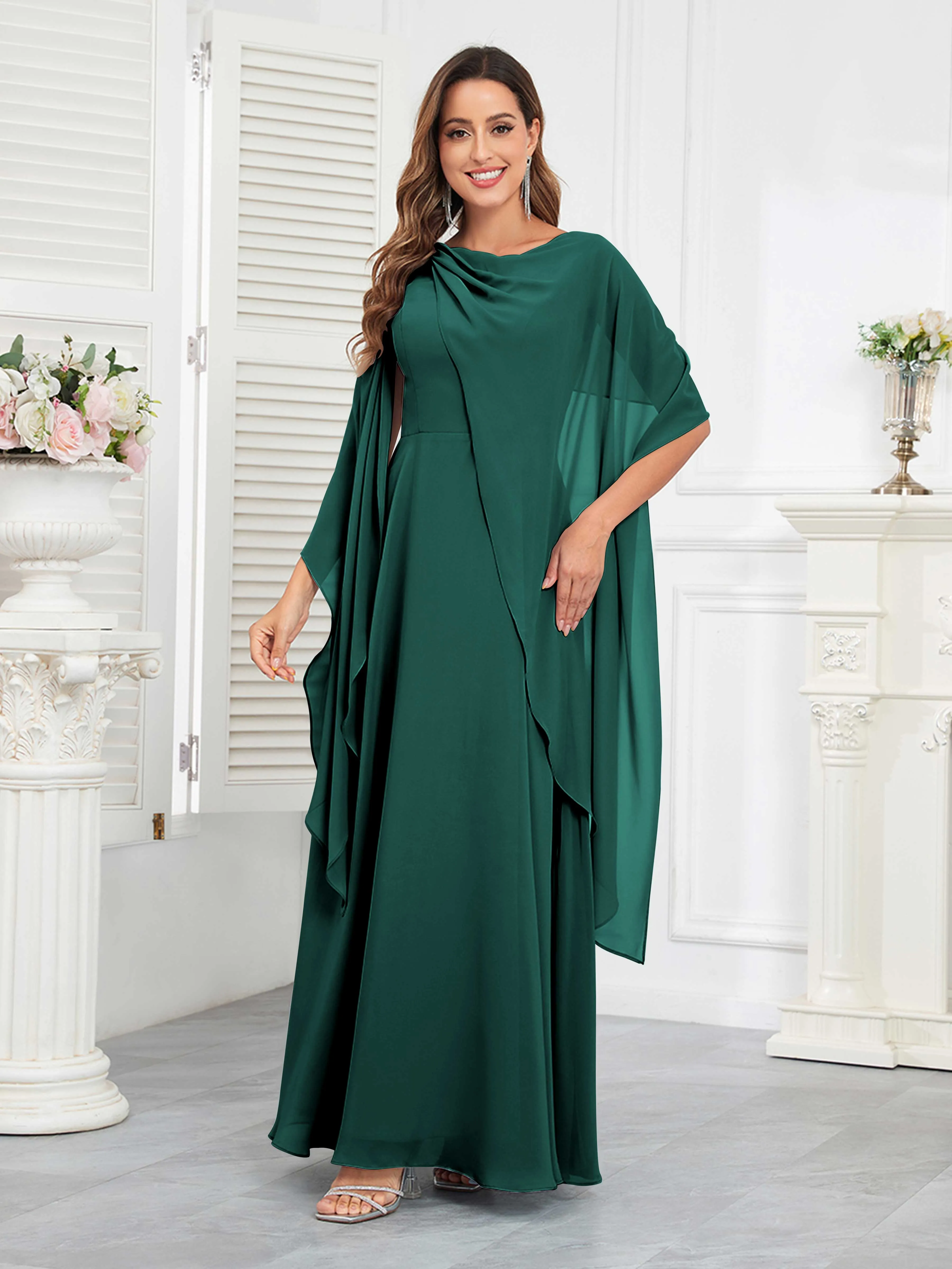 Kennedi Modest A-Line Scoop Cape Sleeves Long Chiffon Mother of the Bride & Groom Dresses