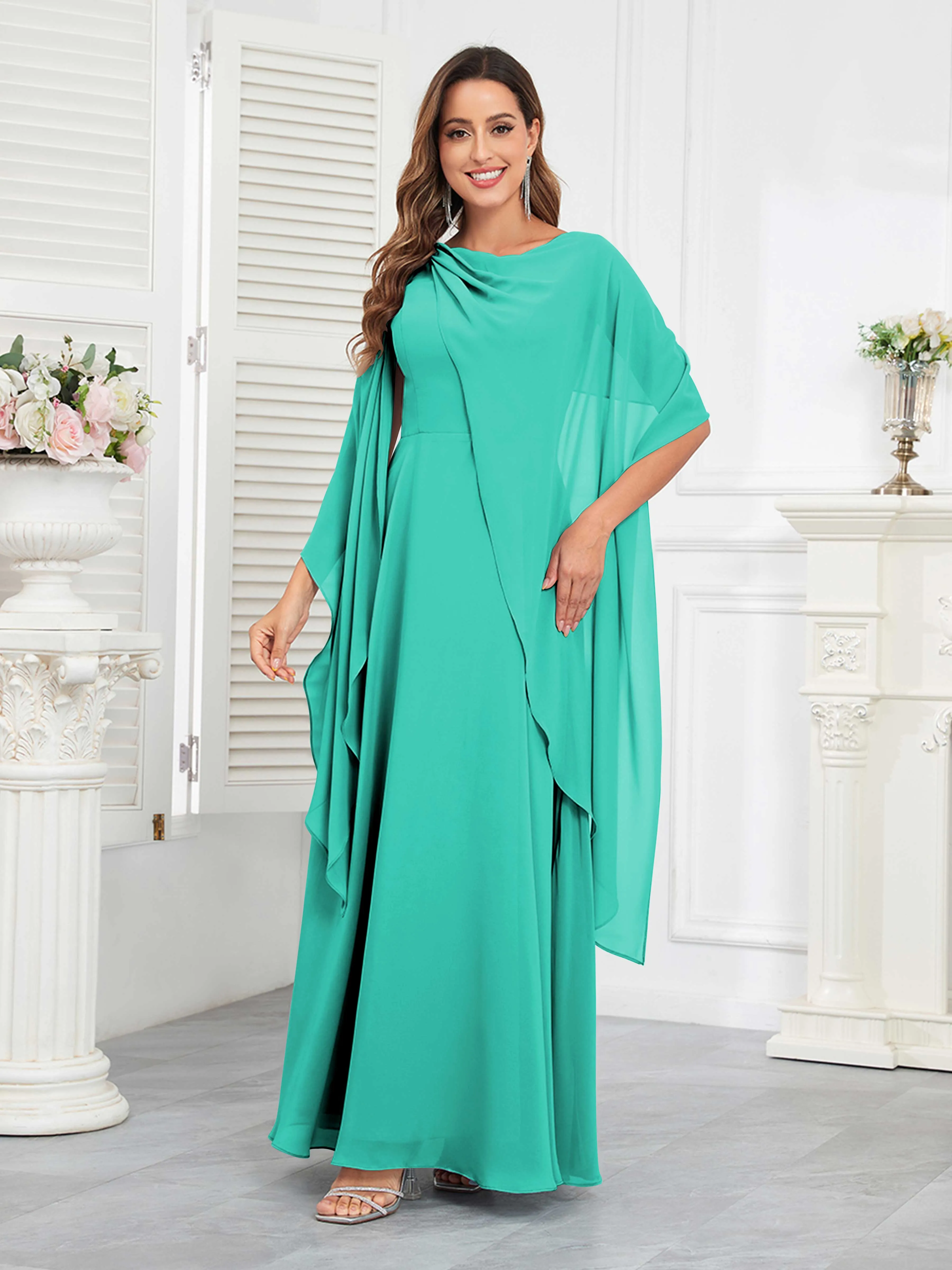 Kennedi Modest A-Line Scoop Cape Sleeves Long Chiffon Mother of the Bride & Groom Dresses