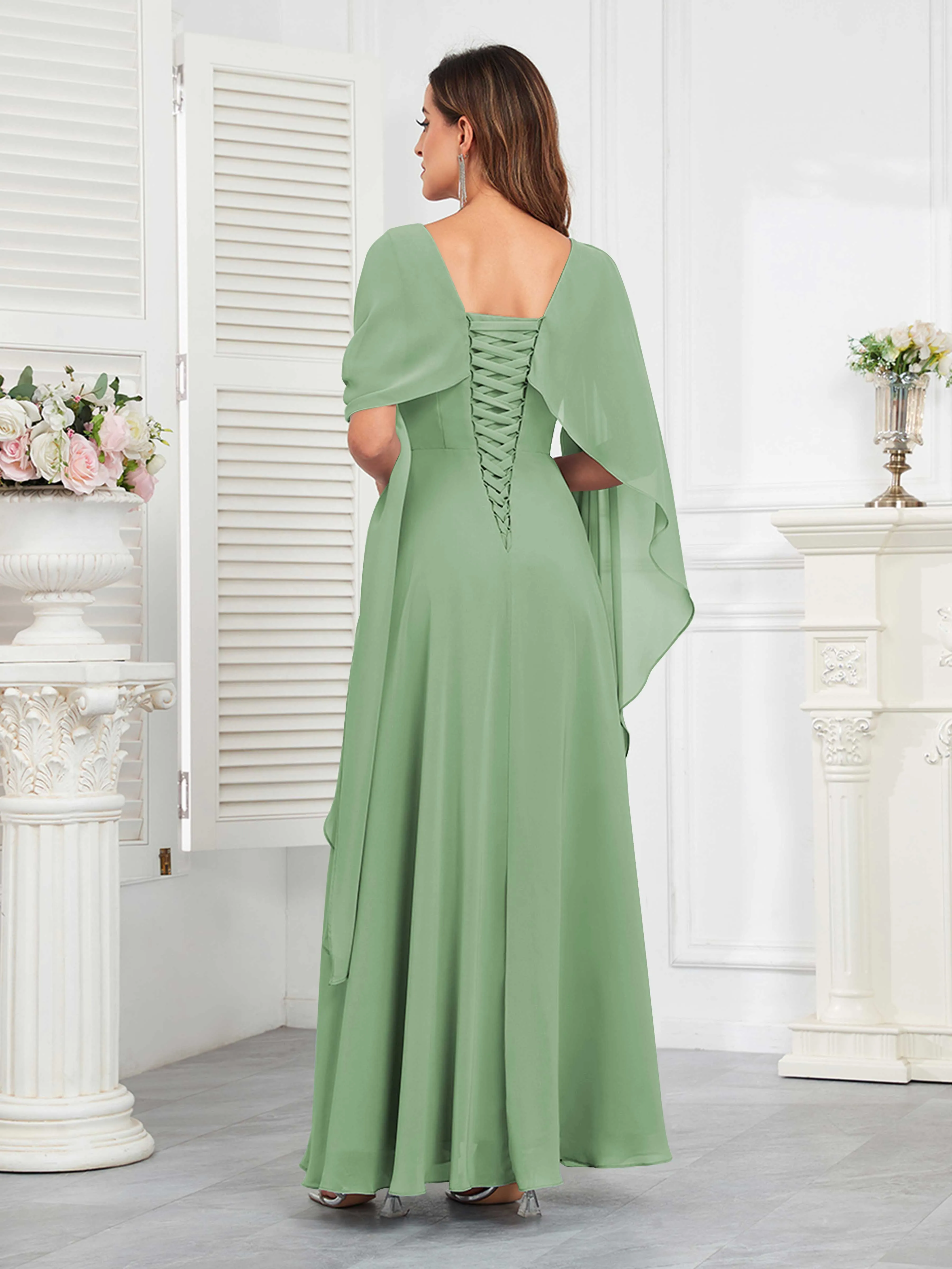 Kennedi Modest A-Line Scoop Cape Sleeves Long Chiffon Mother of the Bride & Groom Dresses