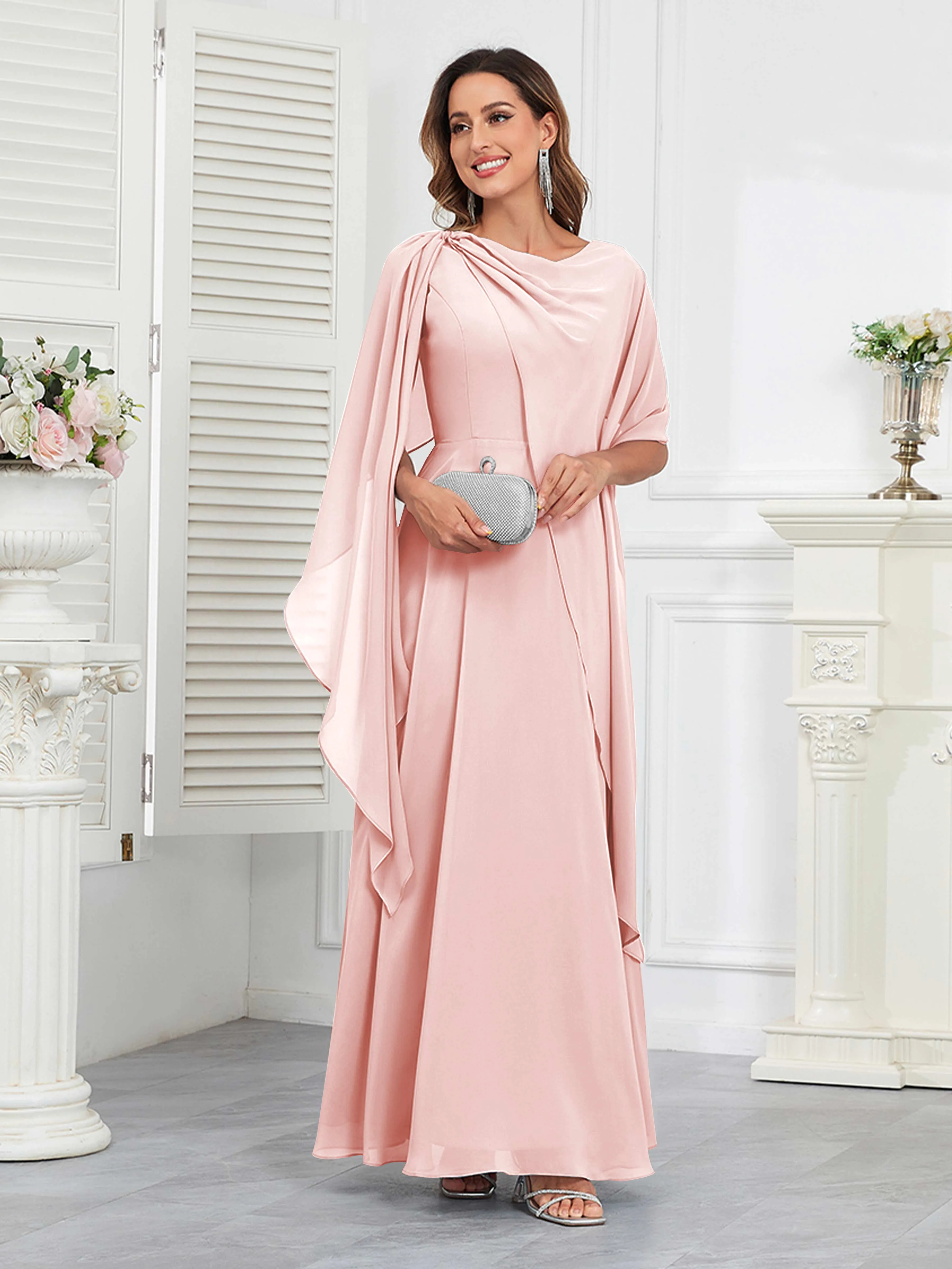 Kennedi Modest A-Line Scoop Cape Sleeves Long Chiffon Mother of the Bride & Groom Dresses