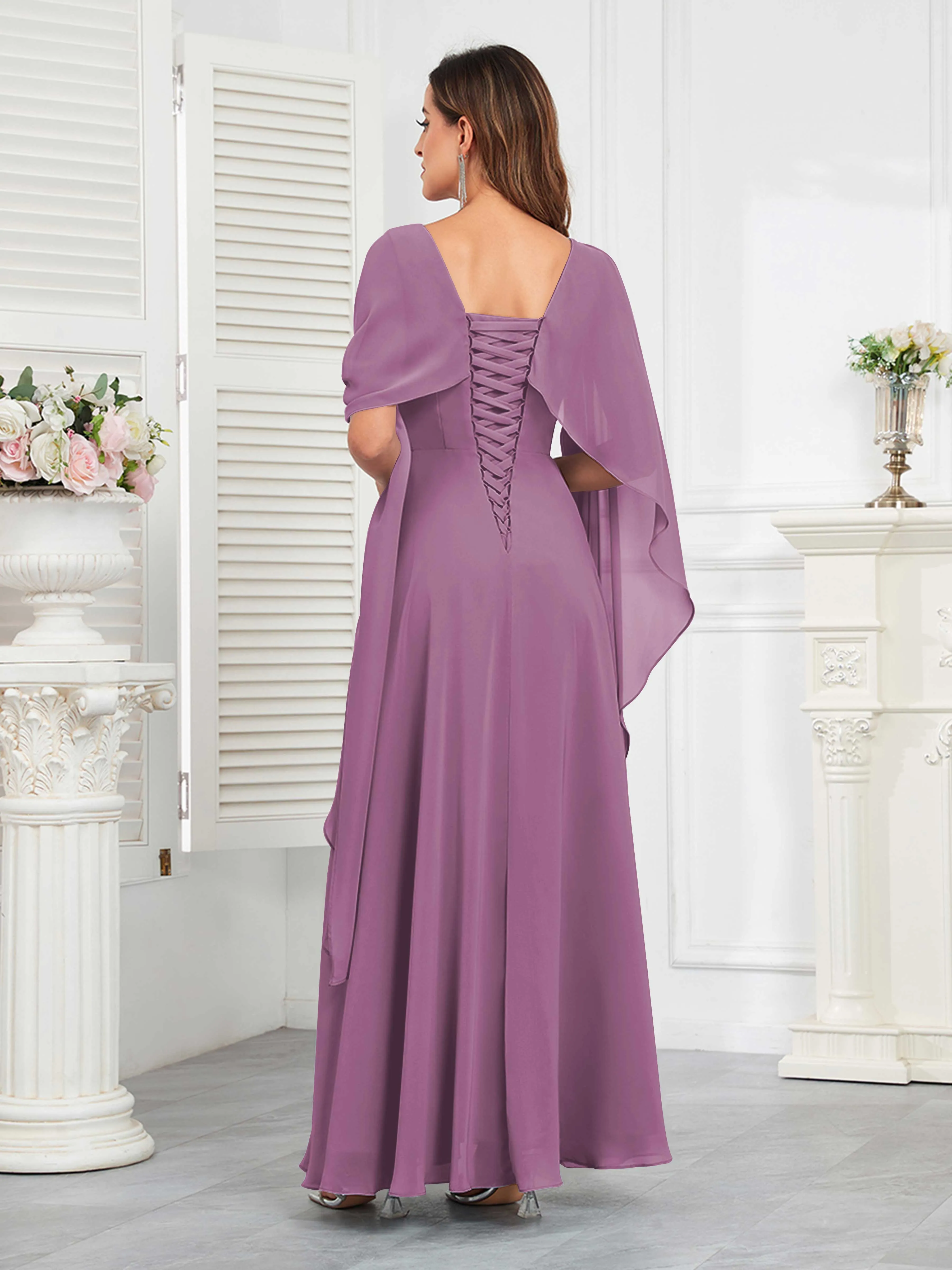 Kennedi Modest A-Line Scoop Cape Sleeves Long Chiffon Mother of the Bride & Groom Dresses