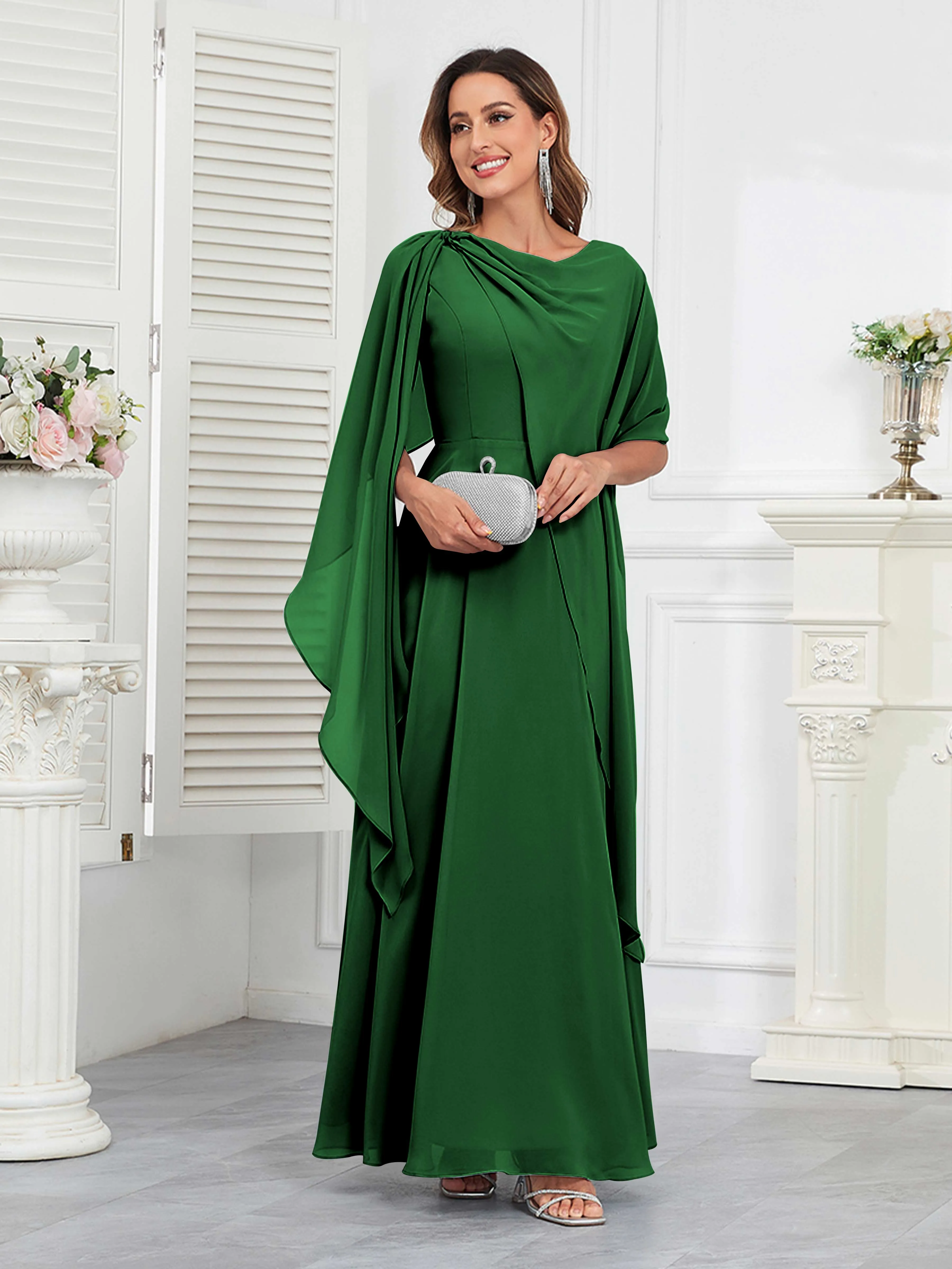 Kennedi Modest A-Line Scoop Cape Sleeves Long Chiffon Mother of the Bride & Groom Dresses